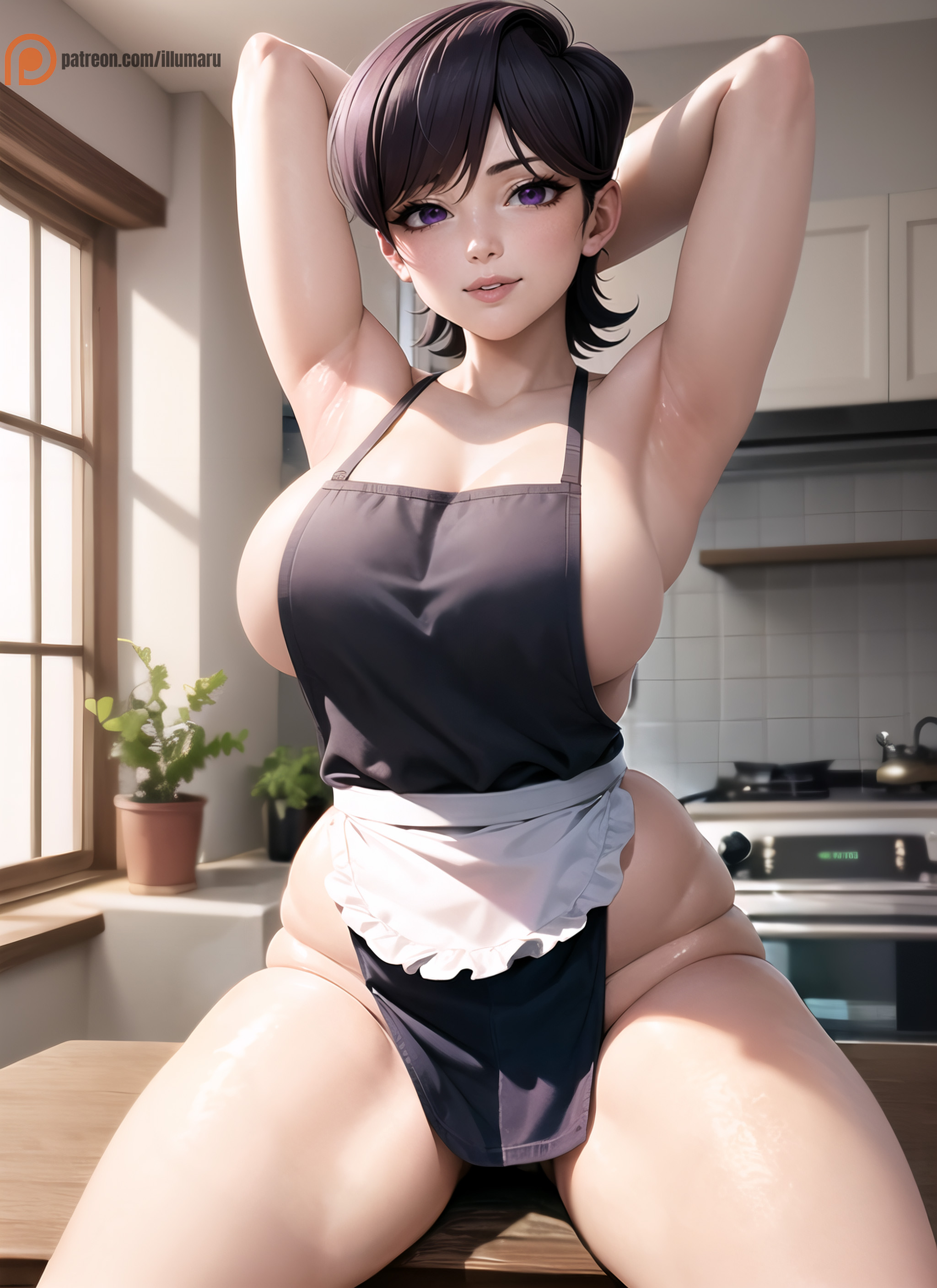 1girls, 2023, ai generated, apron, apron only, armpits, arms behind head, arms up, big breasts, black apron, black eyes, black thong, breasts, cleavage, curvaceous, curvy, detailed, female, female only, hair, hands behind head, hi res, huge breasts, illumaru, komi shuuko, komi-san wa komyushou desu, large breasts, lips, mature, mature female, milf, mother, naked apron, purple eyes, purple hair, seductive, seductive look, short hair, sitting, sitting on table, solo, solo female, stable diffusion, thick thighs, thighs, voluptuous, voluptuous female