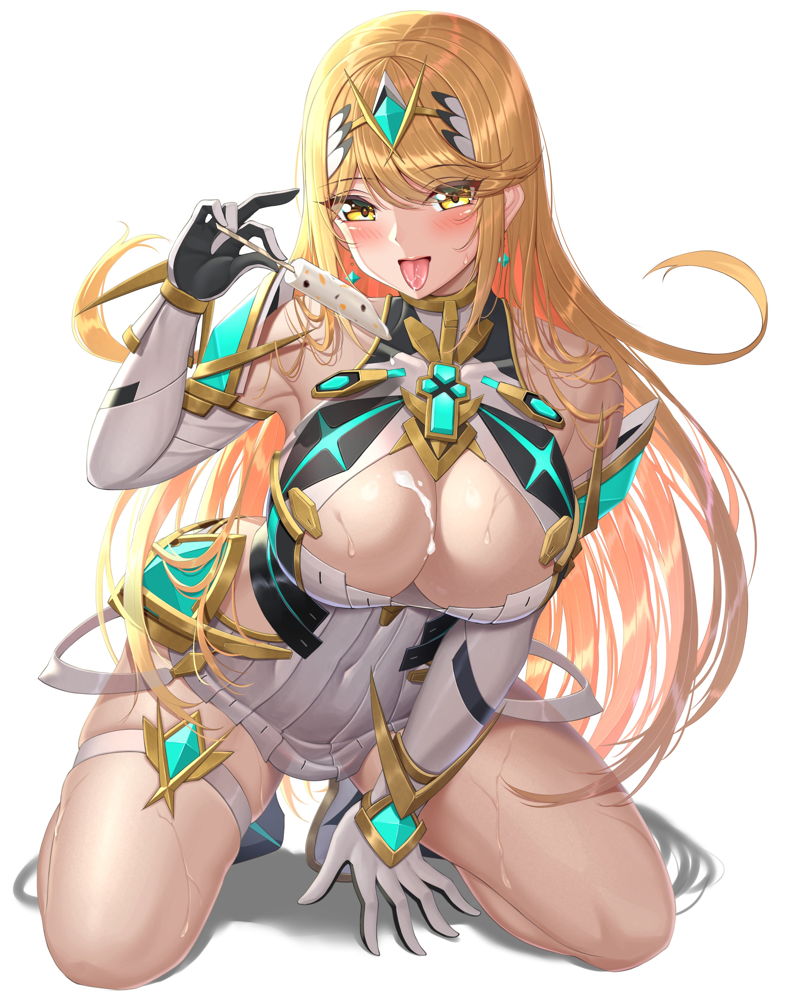 1girls, absurd res, bare legs, bare shoulders, blonde hair, blush, boots, breasts, cleavage, core crystal, dress, dripping, elbow gloves, female, female only, highres, hourglass figure, kneeling, large breasts, long hair, massive breasts, monolith soft, mythra, nintendo, on knees, popsicle, sssemiii, sweat, sweat on breasts, sweatdrop, thick thighs, thighs, tongue, very long hair, voluptuous, white boots, white gloves, wide hips, xenoblade (series), xenoblade chronicles 2, yellow eyes