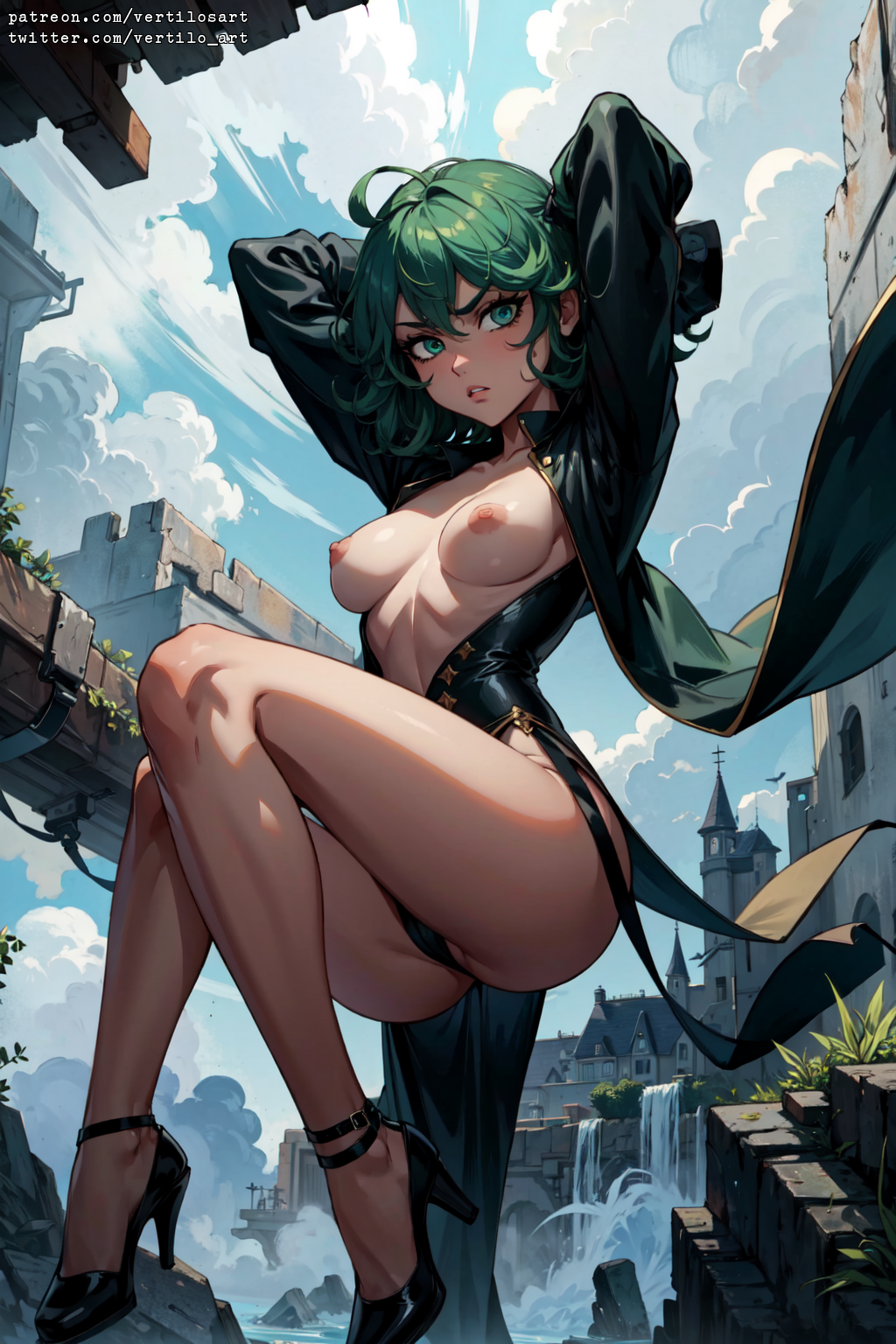 1girls, ai generated, bell haircut, black dress, breasts, exposed breasts, female, female only, floating, green hair, heels, high heels, legs, one-punch man, panties, revealing clothes, small breasts, tagme, tatsumaki, unhappy female, vertiloart