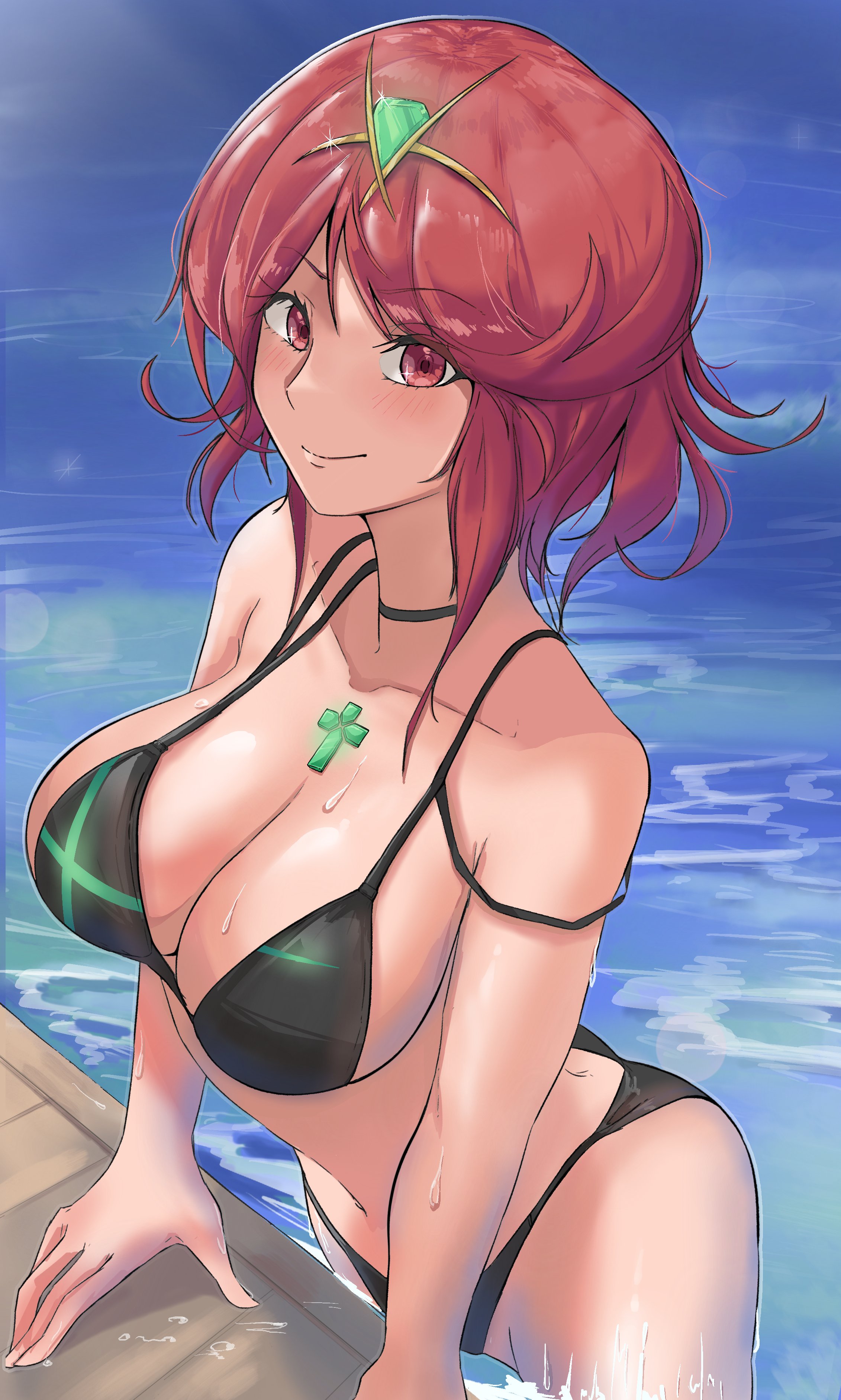 1girls, big breasts, breasts, calmgreentori, core crystal, female, female only, nintendo, pyra, solo, swimming pool, swimsuit, tagme, xenoblade (series), xenoblade chronicles 2