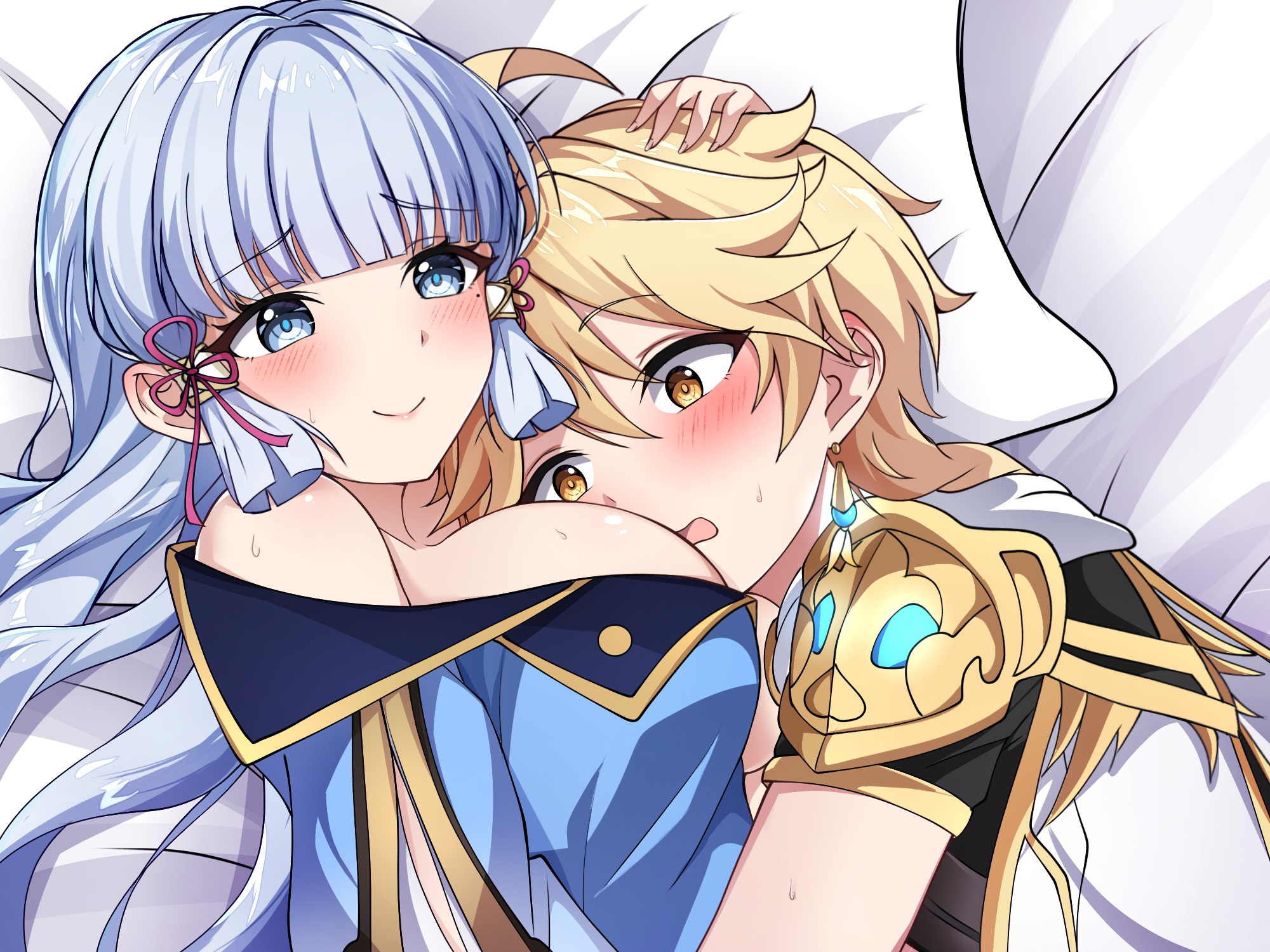 1boy, 1girls, aether (genshin impact), bed, bed sheet, bedroom, big breasts, blonde hair, blue eyes, blue hair, blush, breasts, color, drawing, female, genshin impact, horny female, kamisato ayaka, light skin, light-skinned female, light-skinned male, male, midori 13579, mihoyo, on bed, pillow, straight, white bed sheet, white pillow, wholesome, yellow eyes