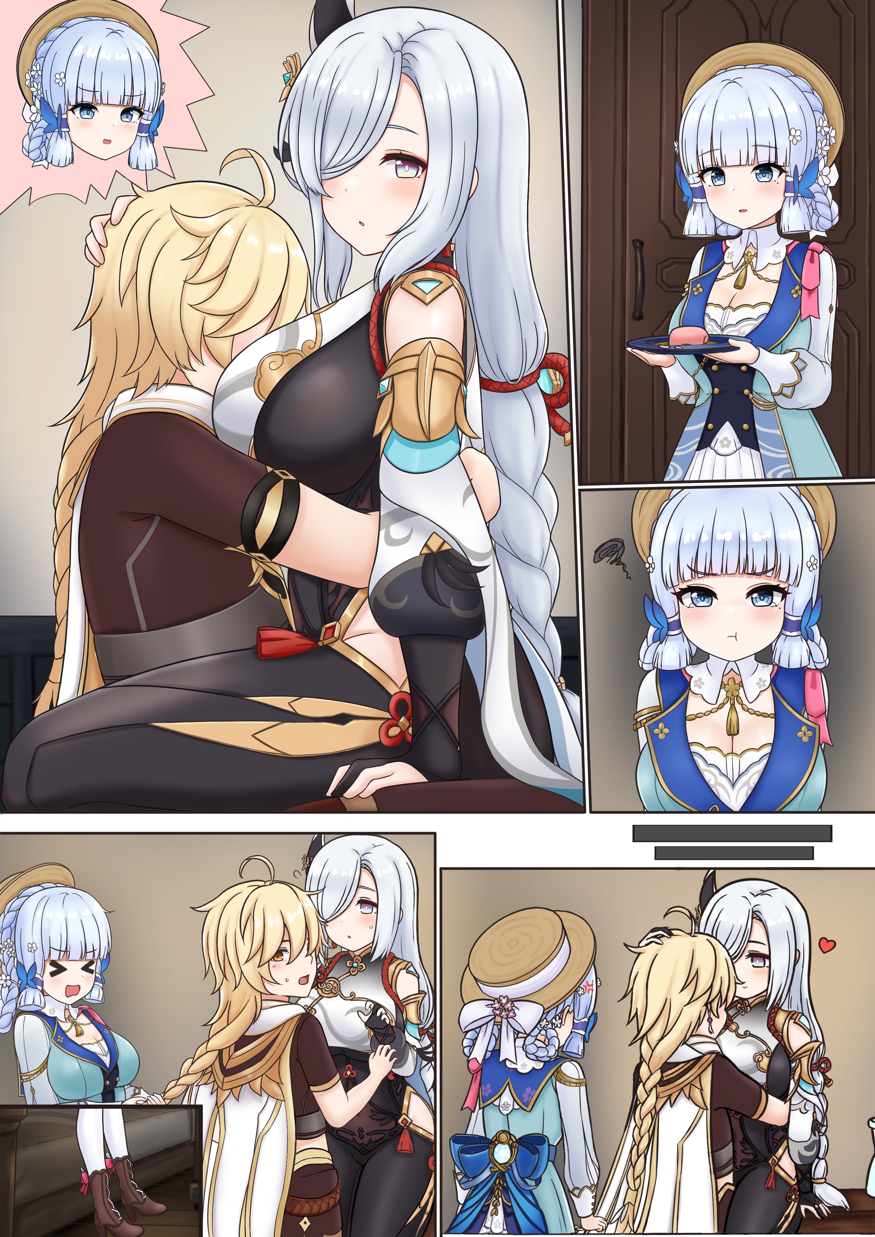 1boy, 2girls, aether (genshin impact), big breasts, blue eyes, blue hair, blush, breasts, comic page, drawing, face between breasts, female, genshin impact, haku (linhengyu2), hat, hoyoverse, jealous female, kamisato ayaka, kamisato ayaka (springbloom missive), light skin, light-skinned female, light-skinned male, male, mihoyo, shenhe (genshin impact), straight, taller female, textless