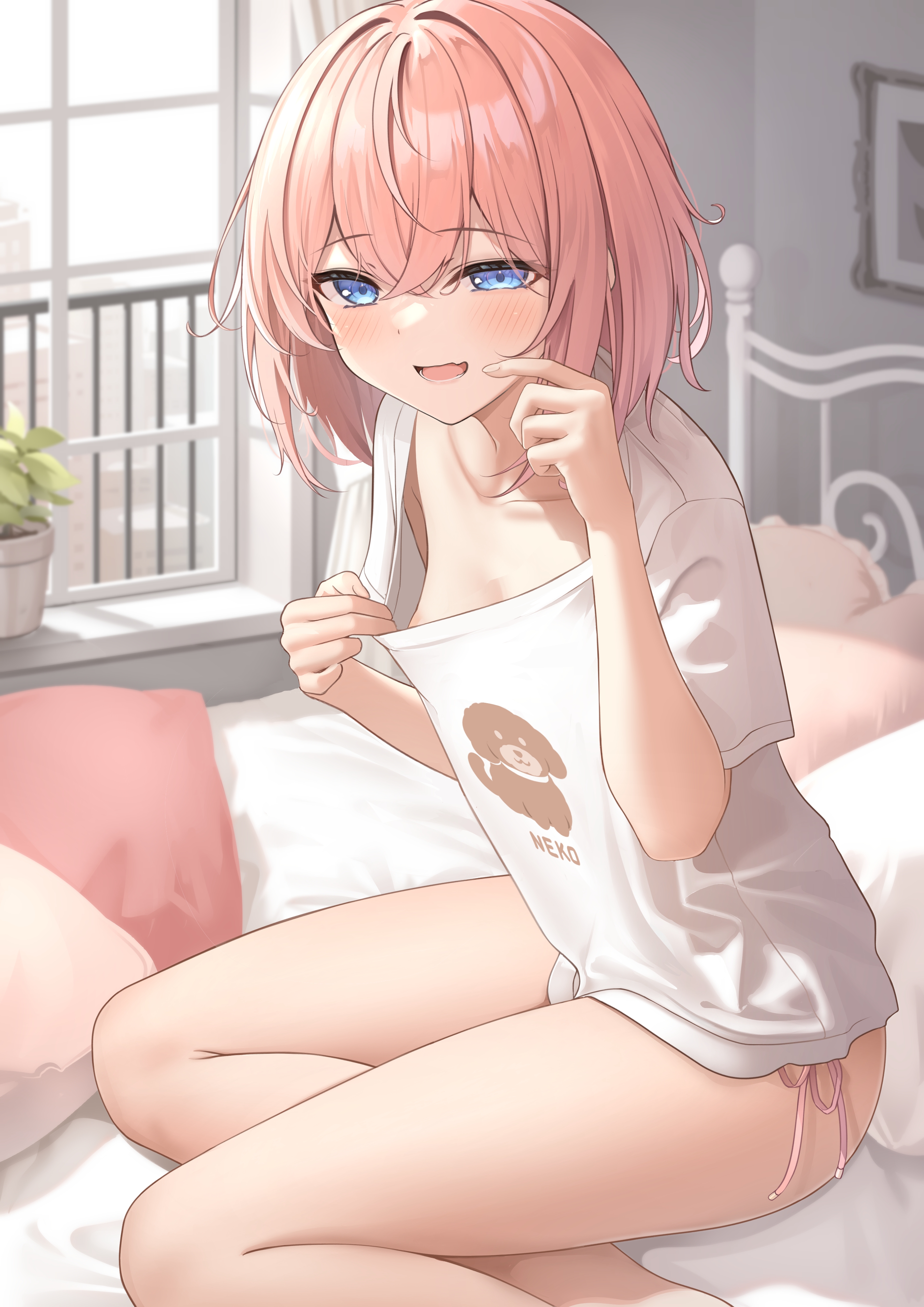 bed, bent knees, blue eyes, blush, breasts, clothing, day, eyebrows visible through hair, female, female only, high resolution, koakuma-chan (monaka curl), medium hair, monaka curl, nipple slip, no bra, one eye closed, original, pantsu, pink hair, shirt, side-tie panties, sitting, sleepy, small breasts, solo, underwear, wariza, white panties, white shirt, white underwear, window