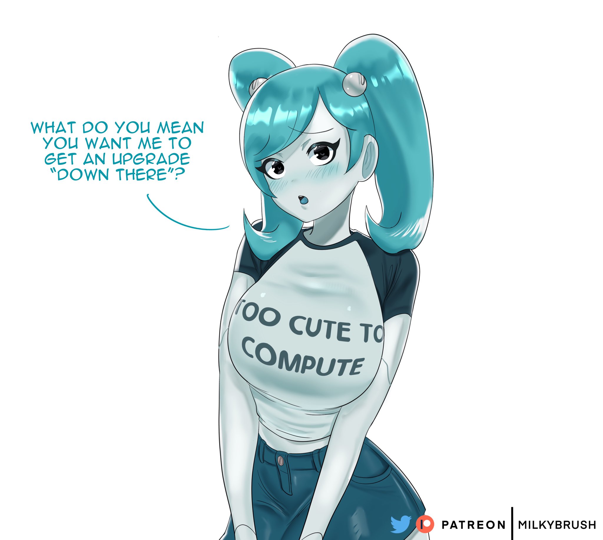 1girls, big breasts, blue hair, blush, blushing, breasts, busty, clothed, english, english text, female, female only, fully clothed, huge breasts, jenny wakeman, large breasts, metal, metallic body, milkybrush, my life as a teenage robot, nickelodeon, pigtails, robot, robot girl, robot humanoid, robot joints, robotic, text, twintails, xj-9