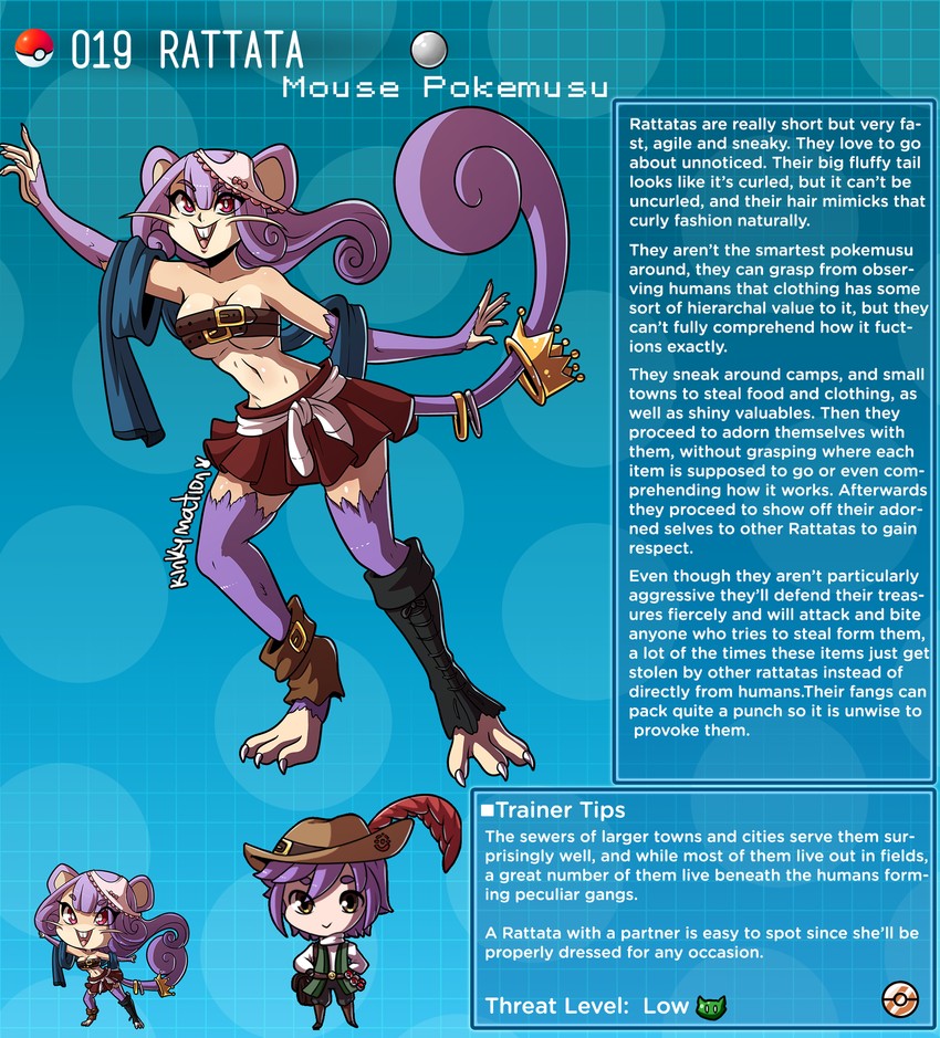 belt_bra creature_index english_text female_focus generation_1_pokemon humanized_pokemon kinkymation mouse_ears mouse_girl nintendo page_19 page_number pokémon_(species) pokemon pokemon-girl_encyclopedia pokemorph pokemusu pokephilia profile rattata skirt tail