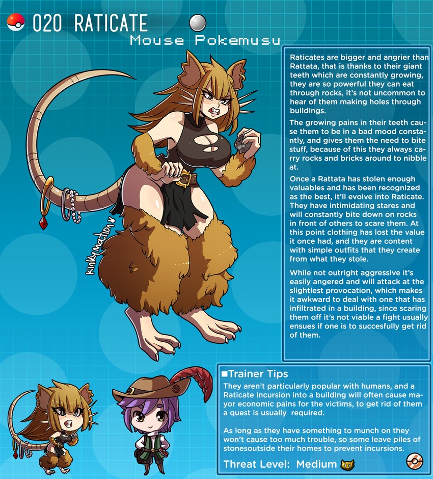 belt buckteeth cleavage_cutout creature_index english_text female_focus generation_1_pokemon kinkymation mouse_ears mouse_girl nintendo page_20 page_number pokémon_(species) pokemon pokemon-girl_encyclopedia pokemorph pokemusu pokephilia profile raticate ratta_(pokemon) tail