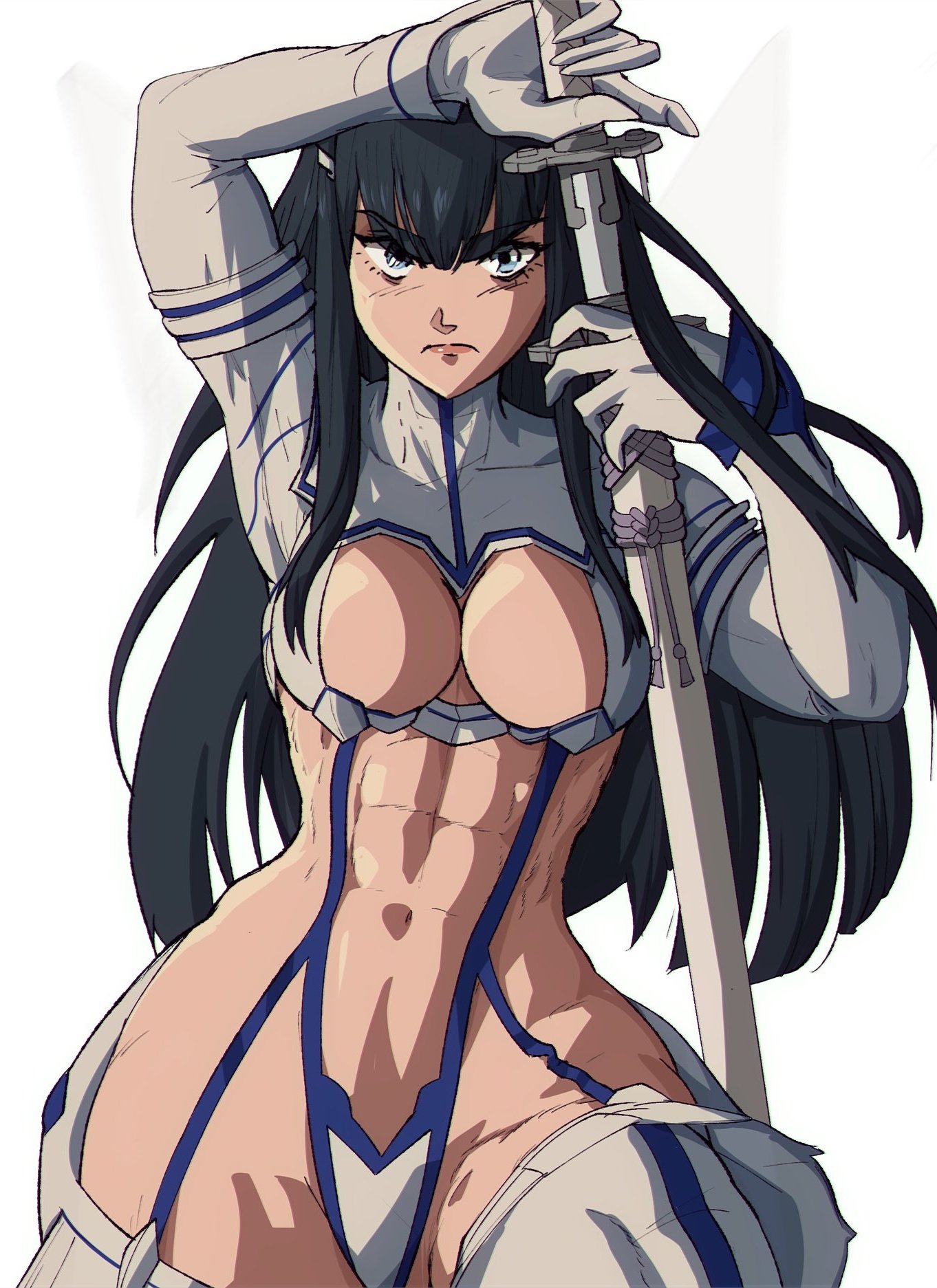 1girls, abs, blue eyes, breasts, cleavage, dark hair, female, female focus, huge breasts, junketsu, katana, kill la kill, kiryuuin satsuki, large breasts, lips, muscular, muscular female, solo, sword, thick thighs, weapon, yoracrab