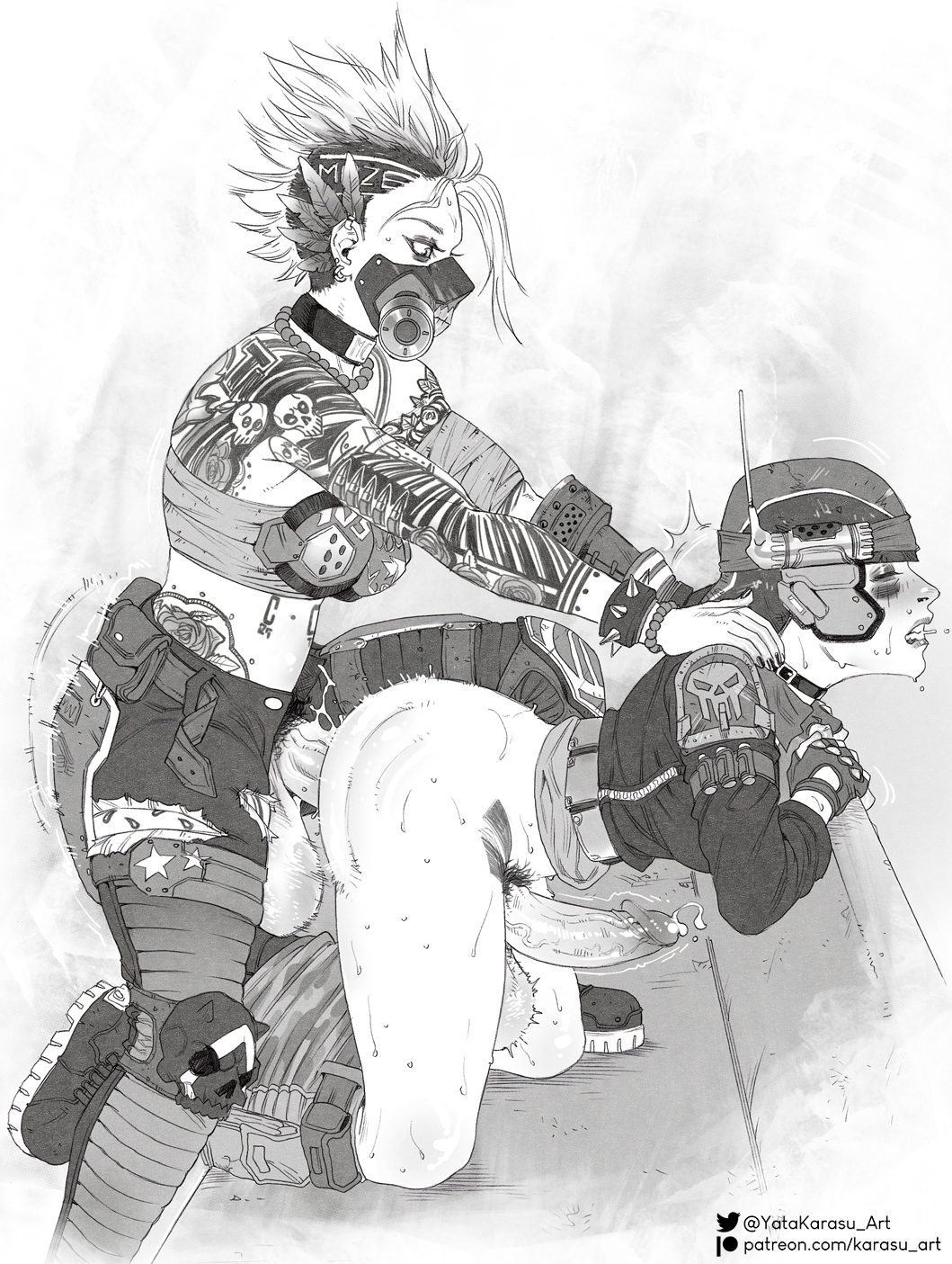 2023 2futas balls bent_over big_balls big_breasts big_penis borderlands bottomless breasts clothed clothing duo erection futa_on_futa futa_only futanari greyscale huge_cock human karasuh kneeling light-skinned_futanari light_skin monochrome moze_(borderlands) partially_clothed penis selfcest