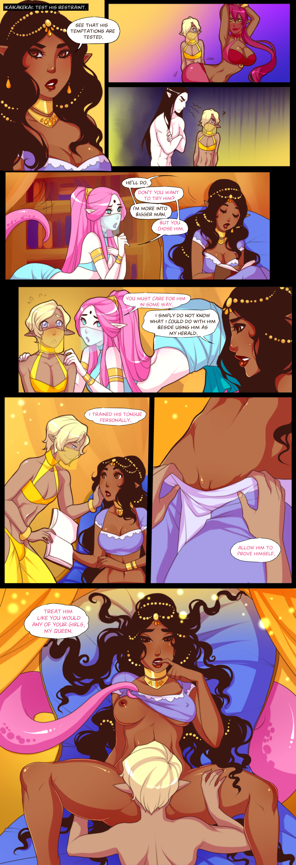 arabian_clothes belly_dancer belly_dancer_outfit belly_dancing biting_finger blonde_hair comic comic_page cunnilingus cute dark-skinned_female dark-skinned_male dark_elf dark_hair eating_pussy elf femboy femboy_on_female harem lamia lifting_shirt light-skinned_female light-skinned_male lunareth medium_breasts monster_girl muscular_male naga navel original original_character pink_hair pointy_ears ponytail pussy red_hair royalty shirtless_male veil