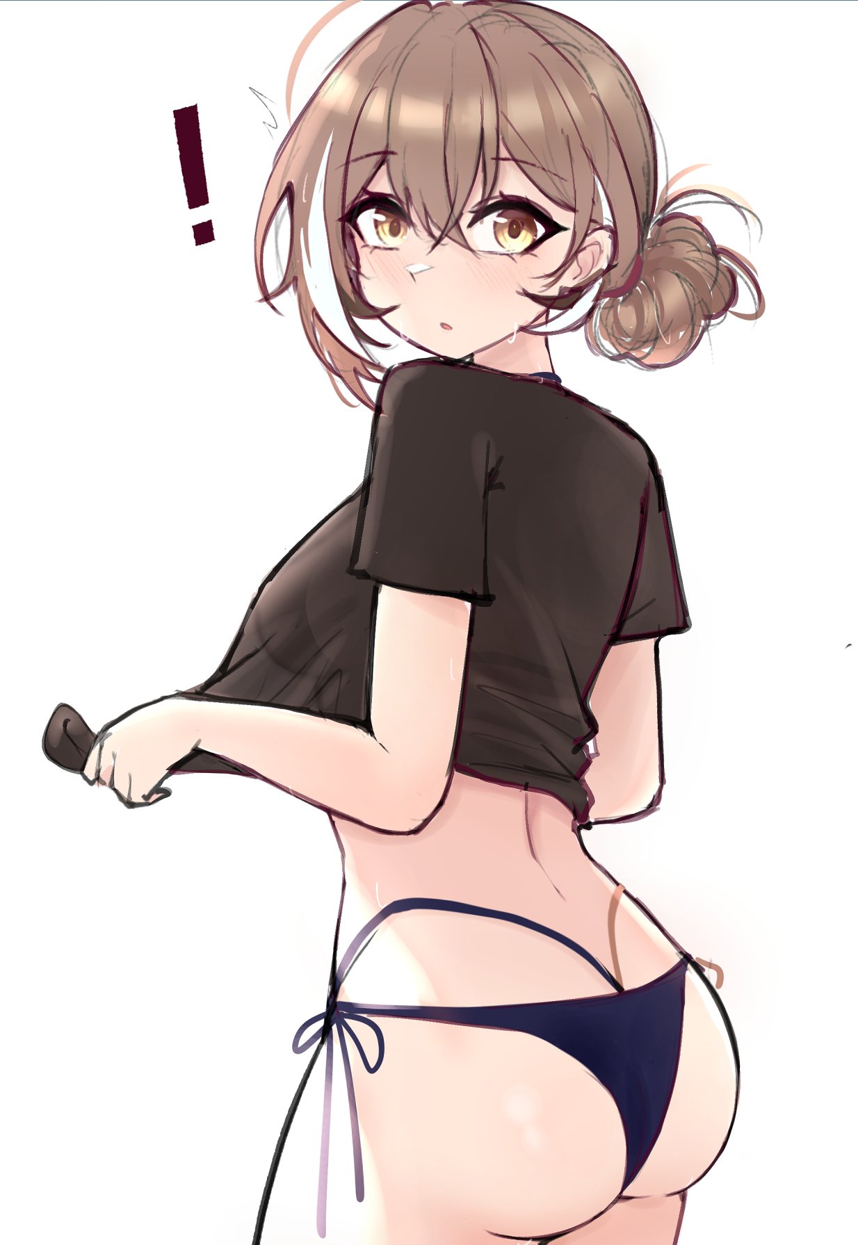 !, 1girls, ass, bikini, black skirt, breasts, cowboy shot, crop top, exclamation mark, female, female only, hololive, hololive english, hololive english -council-, hololive english -promise-, k (m r b/nkmmktwt/ꓘ), large ass, large breasts, light skin, light-skinned female, looking back, nanashi mumei, panties, pulling shirt, see-through clothing, sweatdrop, virtual youtuber