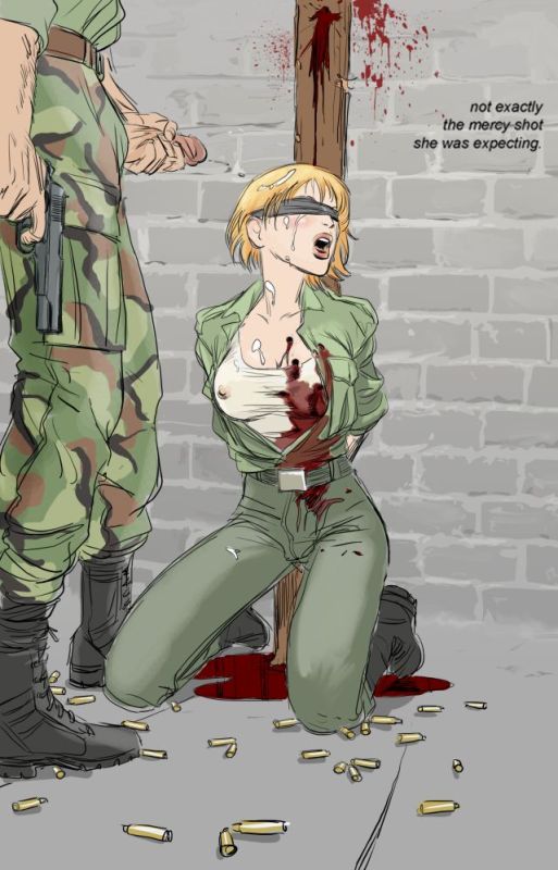 au au_(artist) blindfold blonde_hair blood boli-blog boobs camouflage_clothing camouflage_pants carl carl_(artist) cum cumshot erect_penis execution facial female gun gunshot_wound military_uniform murder nipples_visible_through_clothing open_mouth snuff