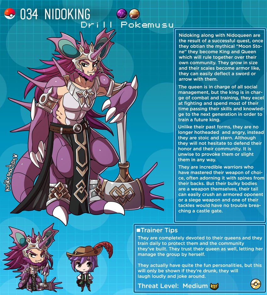 belt creature_index english_text generation_1_pokemon hammer horn kinkymation male_focus necklace nidoking nintendo page_34 page_number pokedex pokemon pokemon-girl_encyclopedia pokemon_(species) pokemorph pokemusu pokephilia profile purple_hair