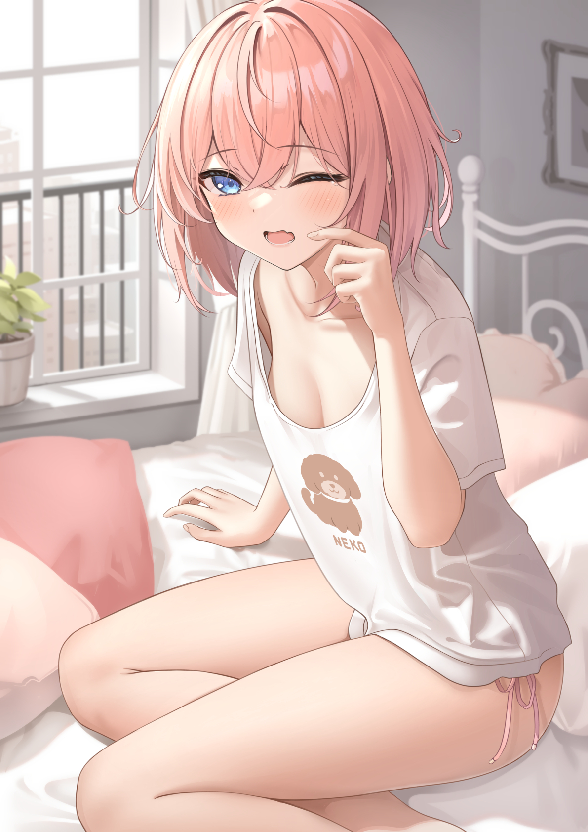 arm support, bed, bent knees, blue eyes, blush, breasts, clothing, day, eyebrows visible through hair, female, female only, high resolution, koakuma-chan (monaka curl), medium hair, monaka curl, no bra, one eye closed, original, pantsu, pink hair, shirt, side-tie panties, sitting, sleepy, small breasts, solo, underwear, wariza, white panties, white shirt, white underwear, window
