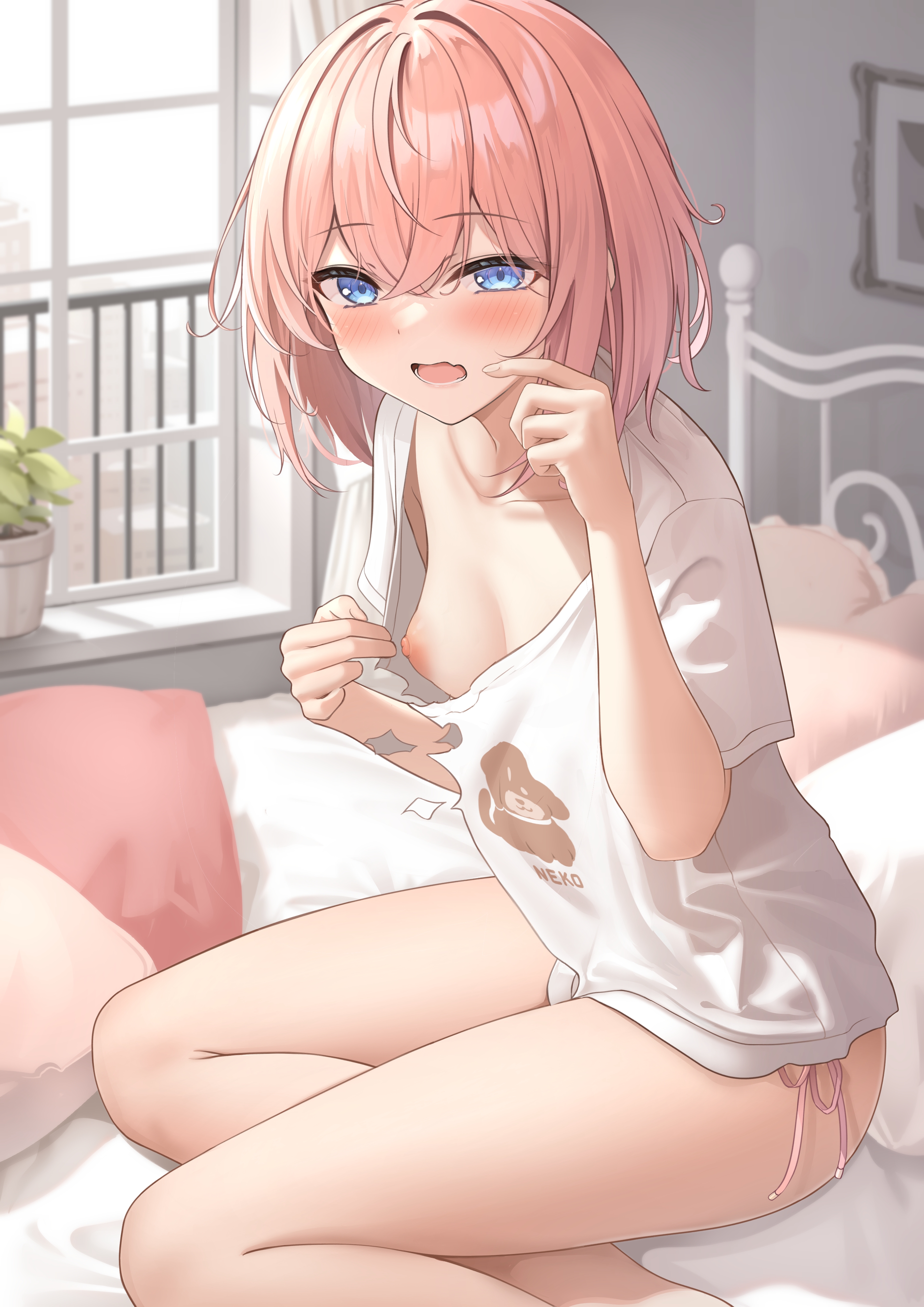 areolae, bed, bent knees, blue eyes, blush, breasts, clothing, day, eyebrows visible through hair, female, female only, flashing breasts, high resolution, koakuma-chan (monaka curl), medium hair, monaka curl, nipples, no bra, one eye closed, original, pantsu, pink hair, shirt, side-tie panties, sitting, small breasts, solo, surprised, torn clothes, underwear, wardrobe malfunction, wariza, white panties, white shirt, white underwear, window, young