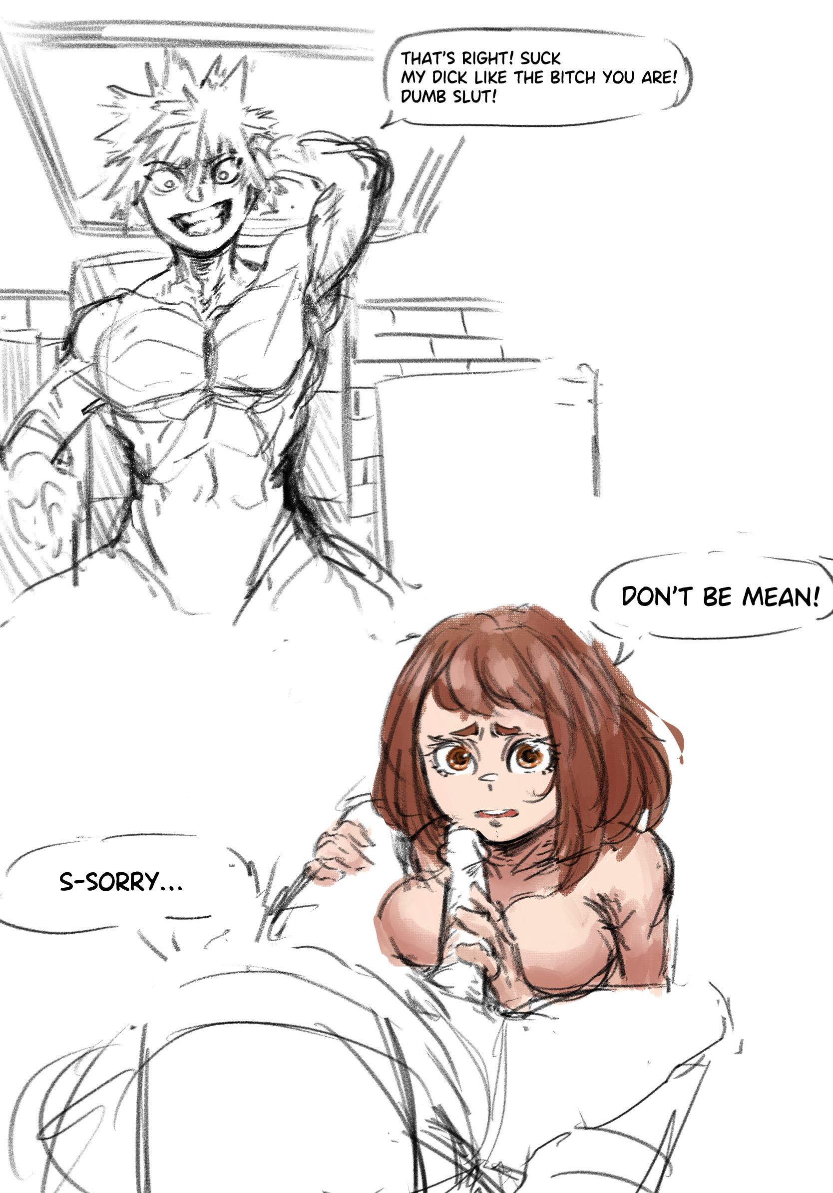 1boy, 1girls, 2023, abs, apologizing, arm up, armpits, bakugou katsuki, bangs, biceps, big breasts, boku no hero academia, breasts, brown eyes, brown hair, busty, colored sketch, degradation, dialogue, dirty talk, dominant male, domination, duo, english text, erection, evil grin, eyelashes, female, femsub, front view, genitals, grin, hair, handjob, hi res, human, human only, katsuki bakugou, kneeling, large breasts, light skin, light-skinned female, limb0 o, male, male/female, maledom, medium hair, multiple views, muscular, muscular arms, muscular male, my hero academia, naked, nude, nude female, nude male, ochako uraraka, partially colored, pecs, penis, short hair, sitting, sketch, smiling, speech bubble, spiky hair, straight, straight hair, submissive, submissive female, talking, talking to partner, teeth, text, uraraka ochako