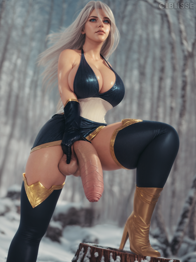 3d ashe_(league_of_legends) big_breasts bursting_breasts clblisse cleavage confident curvy dickgirl dominant_futanari dress flaccid foreskin futa_only futanari high_heel_boots huge_balls huge_cock league_of_legends long_hair looking_at_viewer penis penis_under_dress short_dress snow testicles thick thick_ass thick_thighs white_hair wide_hips