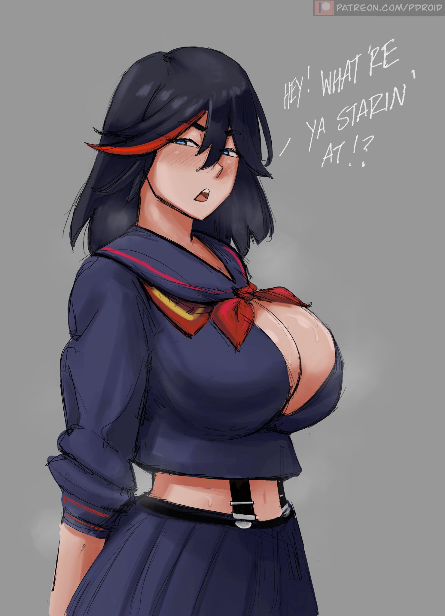 1girls, bell haircut, black hair, blue eyes, blushing at viewer, breasts, cleavage, dialogue, embarrassed, embarrassed female, english text, female, hi res, huge breasts, kill la kill, light skin, light-skinned female, matoi ryuuko, midriff, paranoiddroid, senketsu, short hair, simple background, slight blush, unhappy female