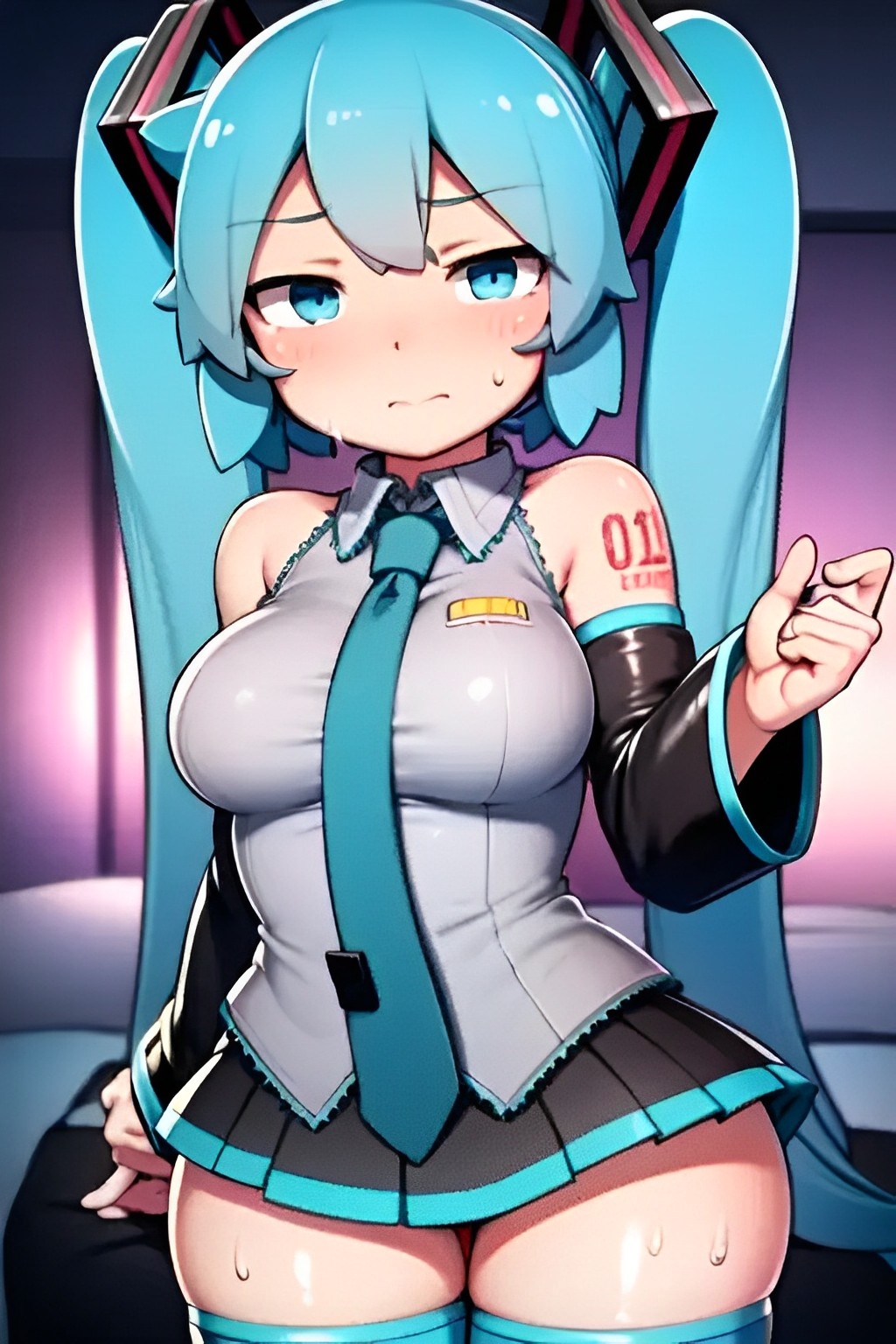 1girls ai_generated alternate_breast_size aqua_eyes aqua_hair big_breasts blush breasts clothed embarrassed female female_focus female_only foopanthia from_front hatsune_miku standing thick_thighs thighhighs thighs twintails vocaloid wet