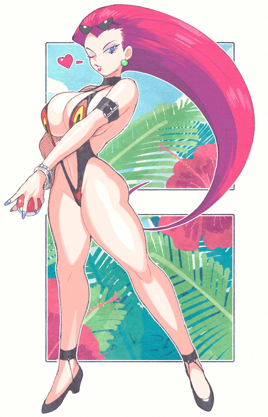 1girls, alternate breast size, alternate costume, armwear, big breasts, black sling bikini, blue eyes, blue nail polish, blue nails, bracelet, breasts, cleavage, ear piercing, earrings, female, female only, footwear, full body, hair, heart, huge breasts, inkerton-kun, inkuusan, jessie (pokemon), legs, lips, lipstick, long hair, mature, mature female, nail polish, nails, one eye closed, pink hair, pokeball, pokemon, pokemon (anime), red lips, red lipstick, skimpy, skimpy bikini, sling bikini, solo, solo female, spoken heart, sunglasses, sunglasses on head, thighs, wink