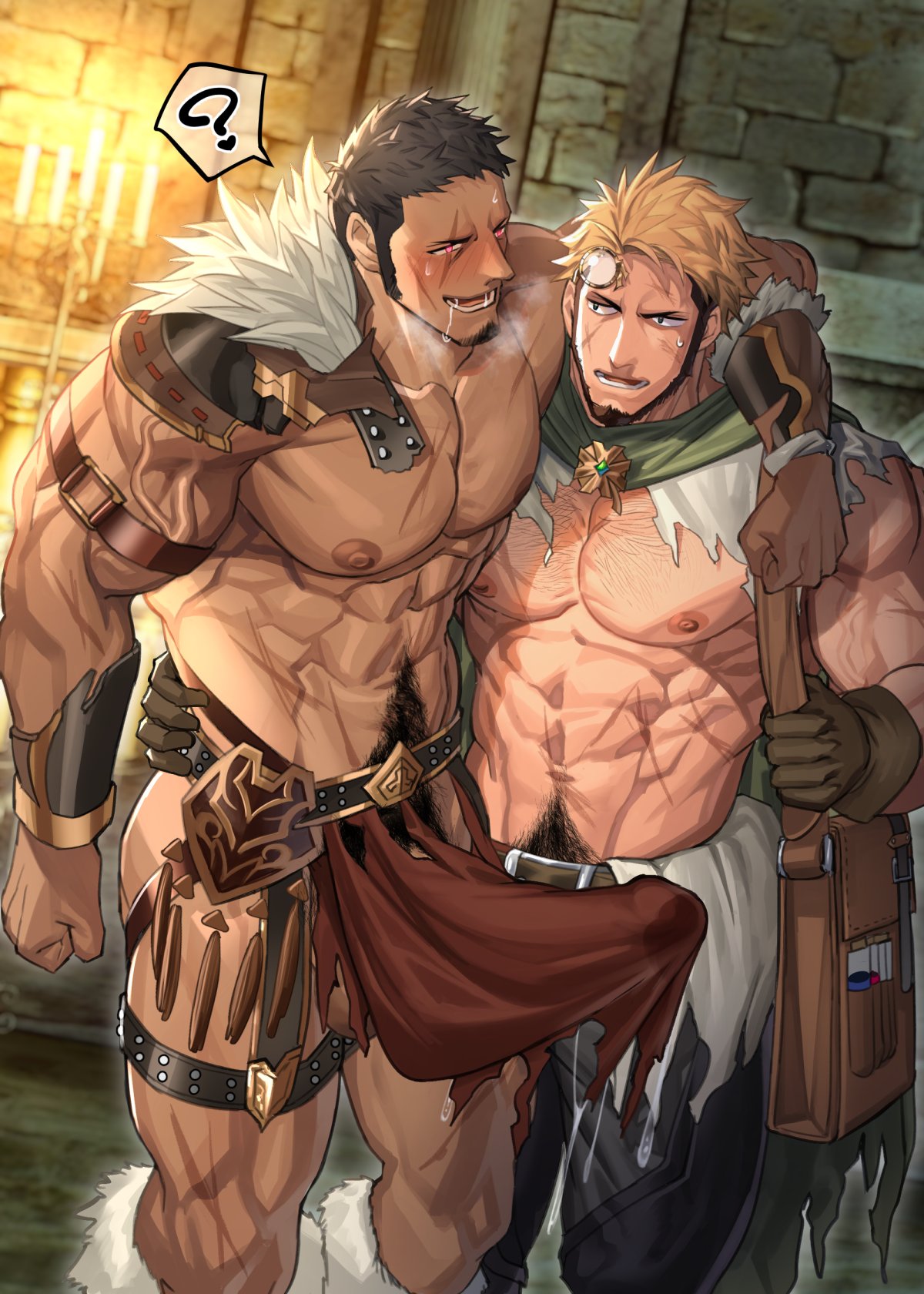 2boys arm_around_shoulders asking_for_sex bag bandana bara bara_tiddies bara_tits beard big_pecs big_penis blonde_hair blush body_scars clothed clothed_male dark_hair drooling drunk erection_under_loincloth gay gear gloves horny horny_male intoxicated loincloth male male_nipples male_only muscular_arms muscular_male muscular_thighs nervous nervous_face nervous_sweat nullqllun pecs pubic_hair red_eyes ripped_clothing scars suggestive tavern thigh_strap topless veins veiny_arms yaoi