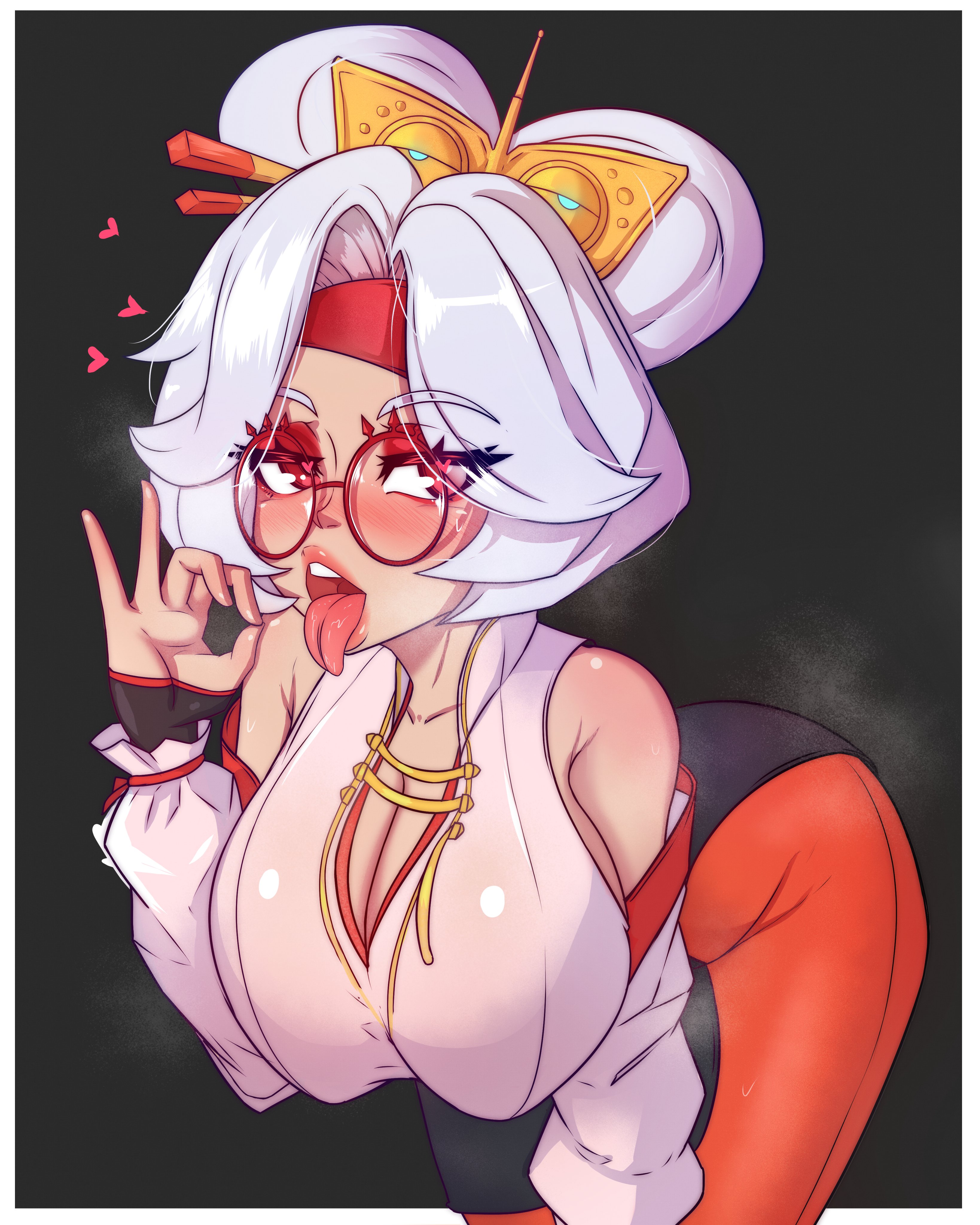 1girls, big breasts, blush, breasts, cleavage, clothing, eyewear, fellatio gesture, female, female only, gesture, glasses, hair, hair bun, hair ornament, heart, heart-shaped pupils, huge breasts, lips, marko141, nintendo, open mouth, purah, purah (tears of the kingdom), red eyes, red glasses, solo, solo female, steam, steaming body, tears of the kingdom, the legend of zelda, tongue, tongue out, white hair
