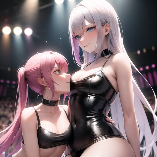 ai_generated audience biting_clothes black_leather choker on_stage performance pink_hair stable_diffusion strip_club stripping white_hair yuri