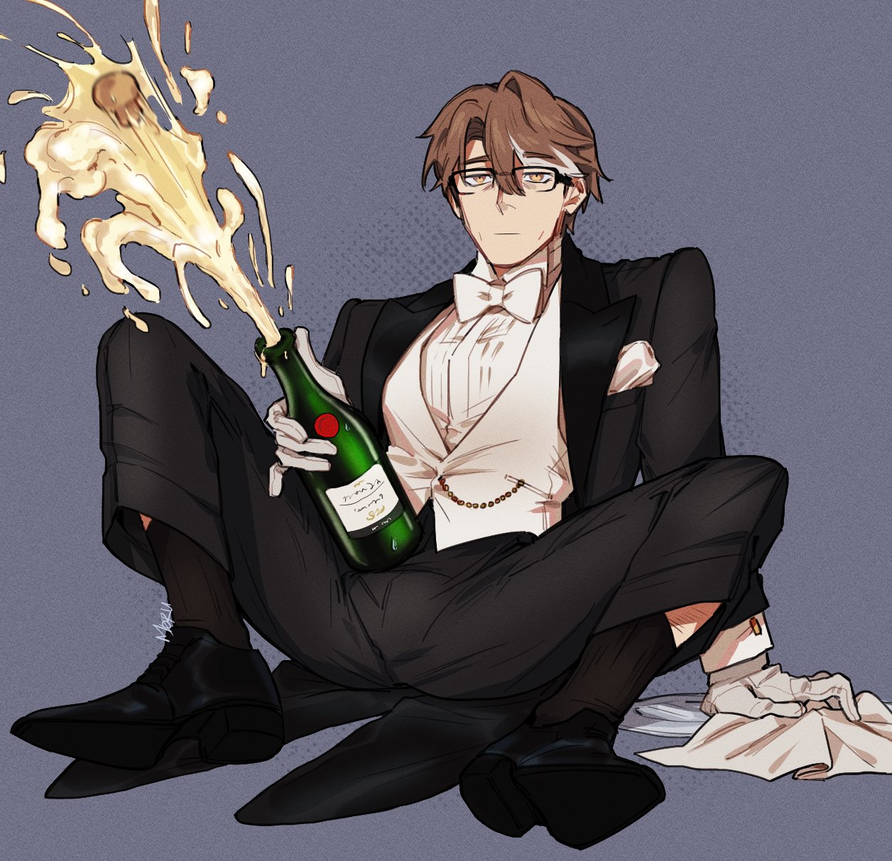 1boy, black suit, bowtie, bulge, bulge through clothing, champagne, glasses, honkai impact 3rd, honkai: star rail, male, male only, neutral expression, solo male, suit, sweatdrop, welt yang (honkai: star rail), white bowtie, white gloves
