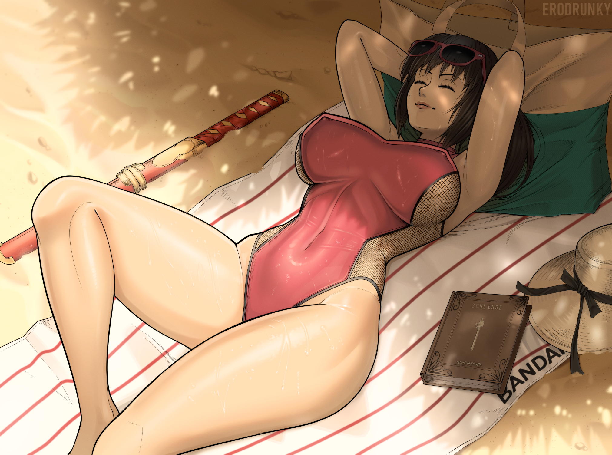 1girls, asian, asian female, beach, big breasts, breasts, clothed, erodrunky, female, fit, fit female, happy, hourglass figure, large breasts, legs, leotard, lesseinsanimer, light skin, light-skinned female, mature female, namco, on back, project soul, relaxing, slim waist, solo, soul calibur, soul calibur vi, sunglasses, swimsuit, taki (soulcalibur), thick thighs, thighs, twitter, wide hips