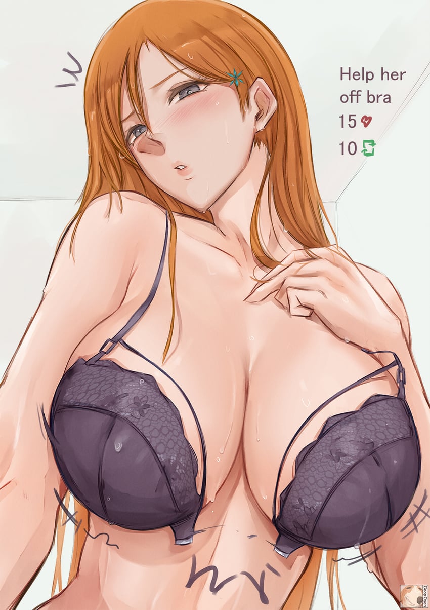 1girls big_breasts bleach bra breasts cleavage coop_osen english_text front-hook_bra grey_eyes hand_on_own_chest inoue_orihime large_breasts looking_at_viewer meme motion_lines open_bra orange_hair parted_lips solo sweat twitter_strip_game_(meme) underwear undressing upper_body zon-leesean