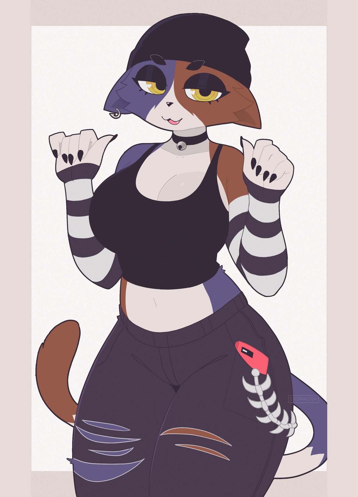 1girl 1girls 2d alternate_breast_size anthro belly_button big_breasts blue_fur breasts brown_fur cat_ears cat_girl cat_humanoid clothed collar digital_drawing_(artwork) earrings exqmaster female female_only fortnite furry furry_female furry_only goth meow_skulls_(fortnite) multicolored_fur solo solo_female solo_focus tail thick_thighs tummy white_background white_fur wide_hips yellow_eyes