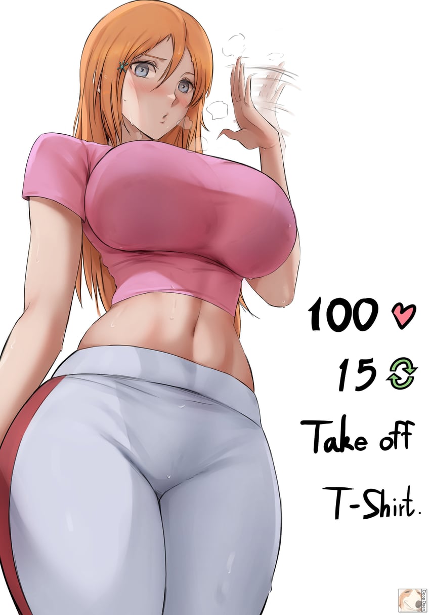 1girls abdomen alternate_version_available arm_up big_breasts bleach blue_eyes blush breasts coop_osen curvaceous english_text female female_only fully_clothed hair_between_eyes hair_ornament inoue_orihime large_breasts legs_together long_hair looking_at_viewer meme midriff navel open_mouth orange_hair pants pink_camisole pink_shirt shirt short_sleeves simple_background snowflake_hair_ornament solo sport_clothes thick_thighs thighs tight_clothing twitter_strip_game_(meme) white_background white_pants wide_hips zon-leesean