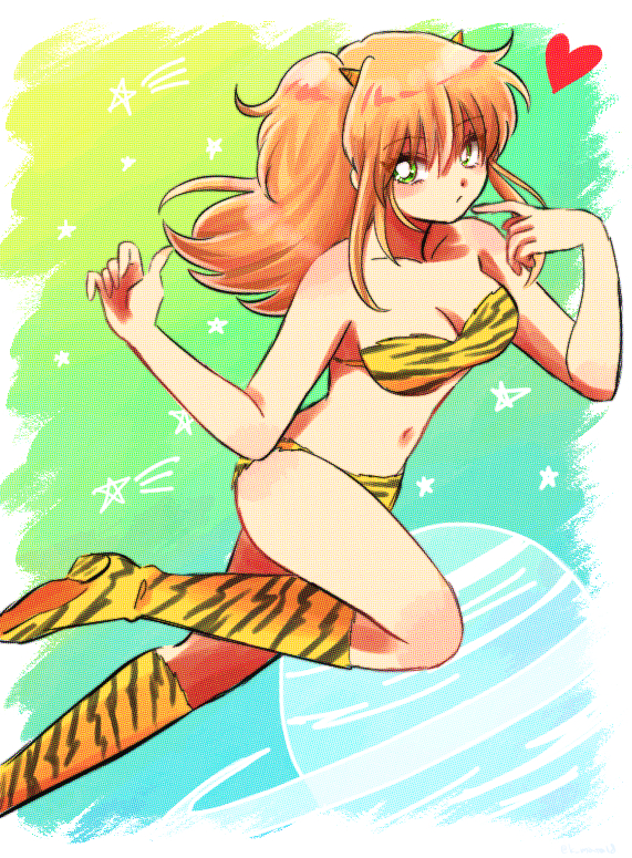 alternate_costume bandeau bikini blonde_hair boots cleavage cosplay crossover female female_only gintama green_eyes horns kijima_matako long_hair looking_at_viewer lum_(cosplay) oni_horns side_ponytail solo tiger_print urusei_yatsura