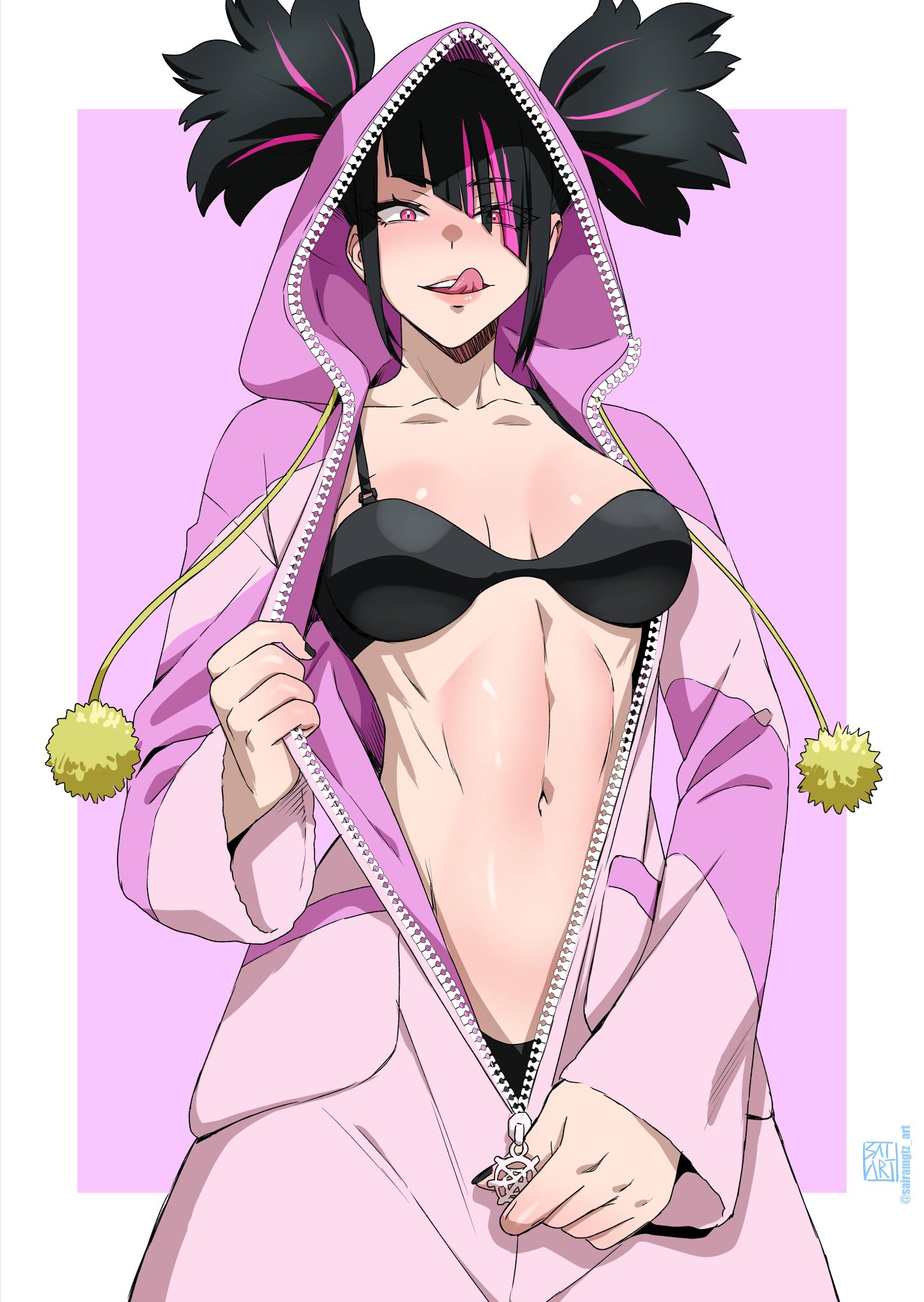 1girls, abs, big breasts, black hair, black nails, bodysuit, bra, breasts, capcom, female, female focus, female only, juri han, licking, licking lips, onesie, pajamas, pink eyes, pink hair streak, sairam gutierrez, solo, street fighter, street fighter 6, unzipped, unzipped bodysuit