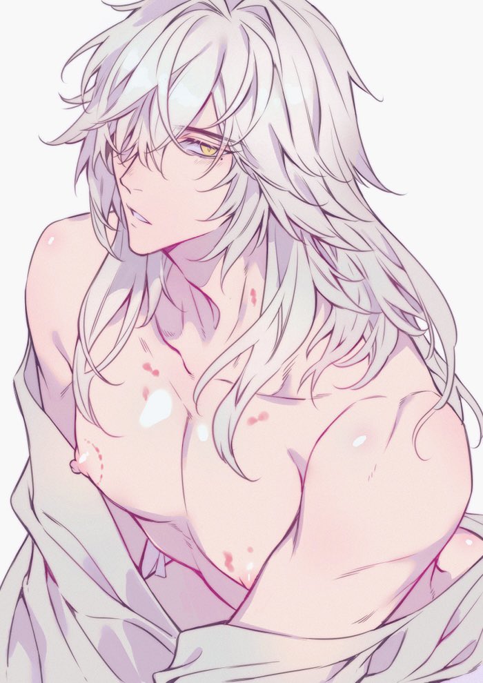 1boy, 2d, 2d (artwork), 2d artwork, bite mark, bite mark on neck, bite mark on nipple, black eyebrows, deepwater, digital art, digital drawing (artwork), digital media (artwork), hair over one eye, hickey, honkai (series), honkai: star rail, jing yuan, light skin, light-skinned male, male, male focus, male only, muscles, muscular, muscular male, pale skin, pale-skinned male, shirtless, white background, white hair, yellow eyes