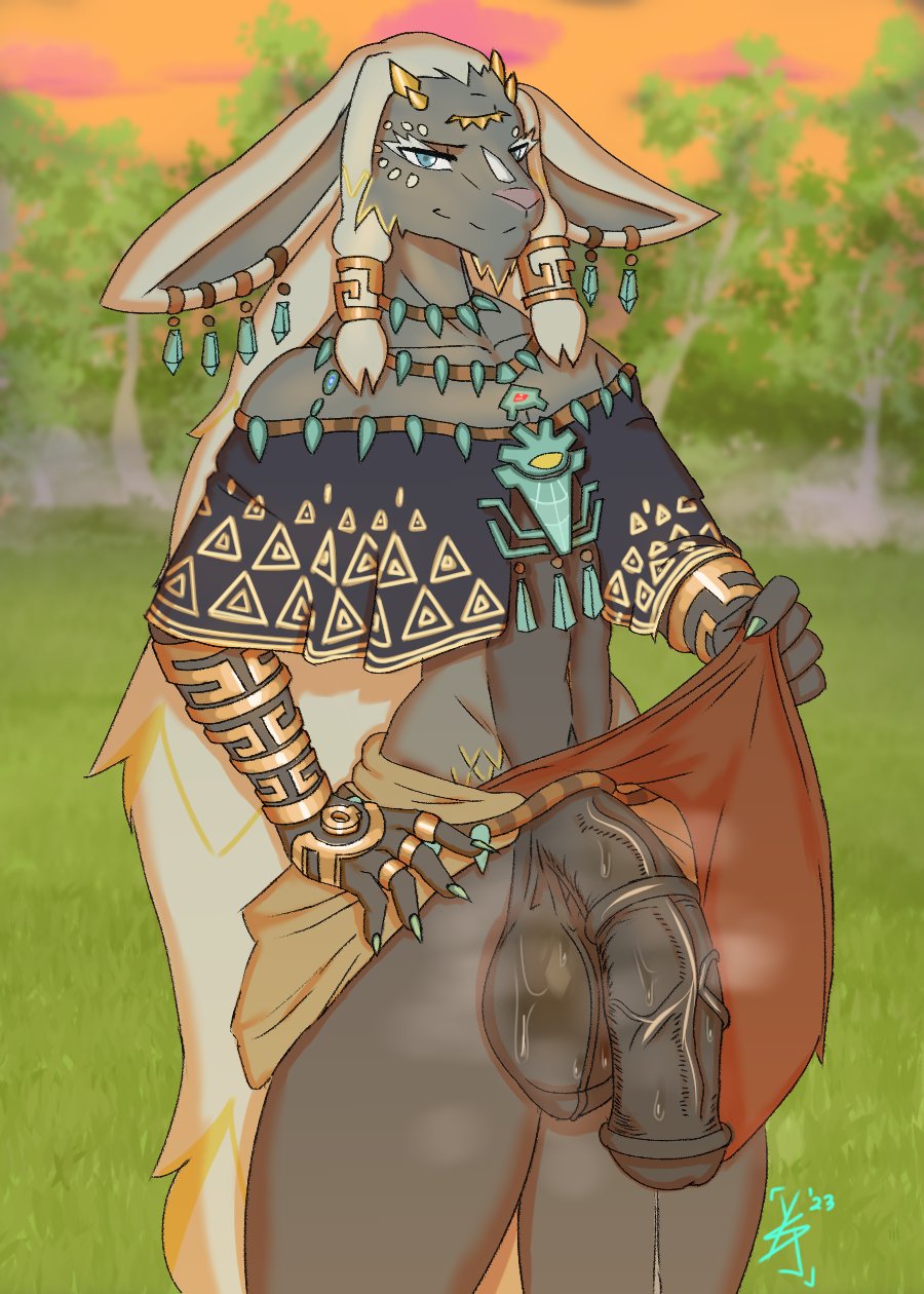 1boy, anthro, balls, balls clench, big balls, big ears, big penis, equine penis, flaccid, furry, horse penis, horsecock, huge cock, loincloth, loincloth lift, male, male focus, male only, medial ring, muscles, muscular, musk, nintendo, penis, rauru (tears of the kingdom), solo, solo male, sweat, sweaty balls, tears of the kingdom, testicles, testicles clench, the legend of zelda, yukein, zonai
