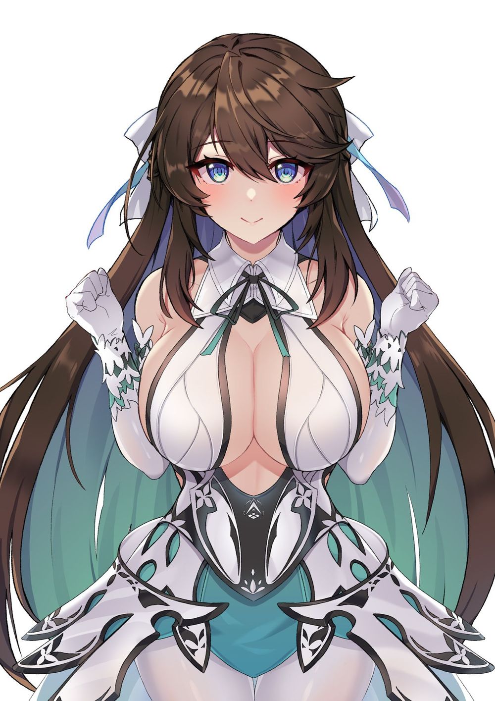 alternate_costume bare_shoulders blue_eyes breasts brown_hair cleavage counter:side female highres large_breasts long_hair looking_at_viewer shin_jia smile solo very_long_hair