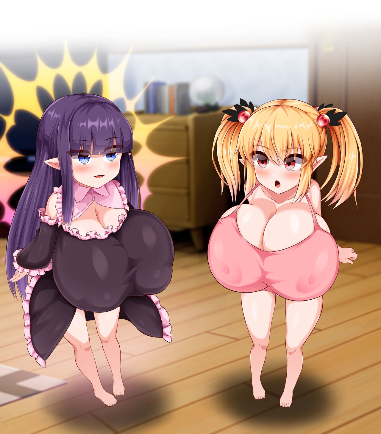 big_breasts bimbo blonde_hair breasts fiera_(monaka) gigantic_breasts huge_breasts hyper_breasts large_breasts looking_at_viewer massive_breasts monaka_(gatinemiku) original original_character paizuri_fairies! pazuri_(monaka) purple_hair short_stack shortstack