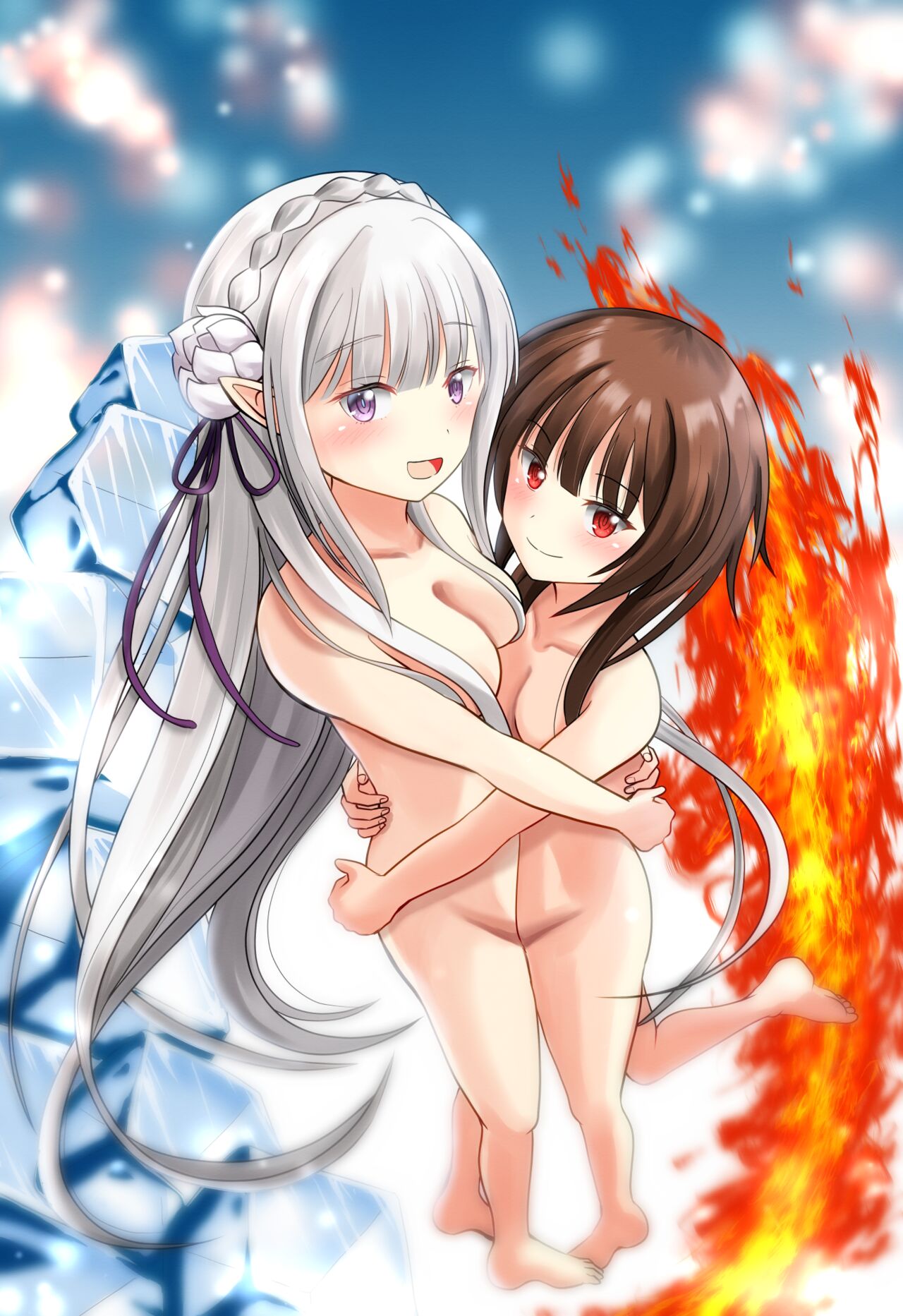 2girls ass_grab black_hair cleavage completely_nude crossover duo_female duo_focus elf elf_ears elf_female elf_girl emilia_(re:zero) feet female female/female hips hug isekai_quartet kono_subarashii_sekai_ni_shukufuku_wo! megumin multiple_girls naked naked_female nude nude_female re:zero_kara_hajimeru_isekai_seikatsu seiyuu_connection silver_hair thick_thighs voice_actor_connection yuri zakiwo