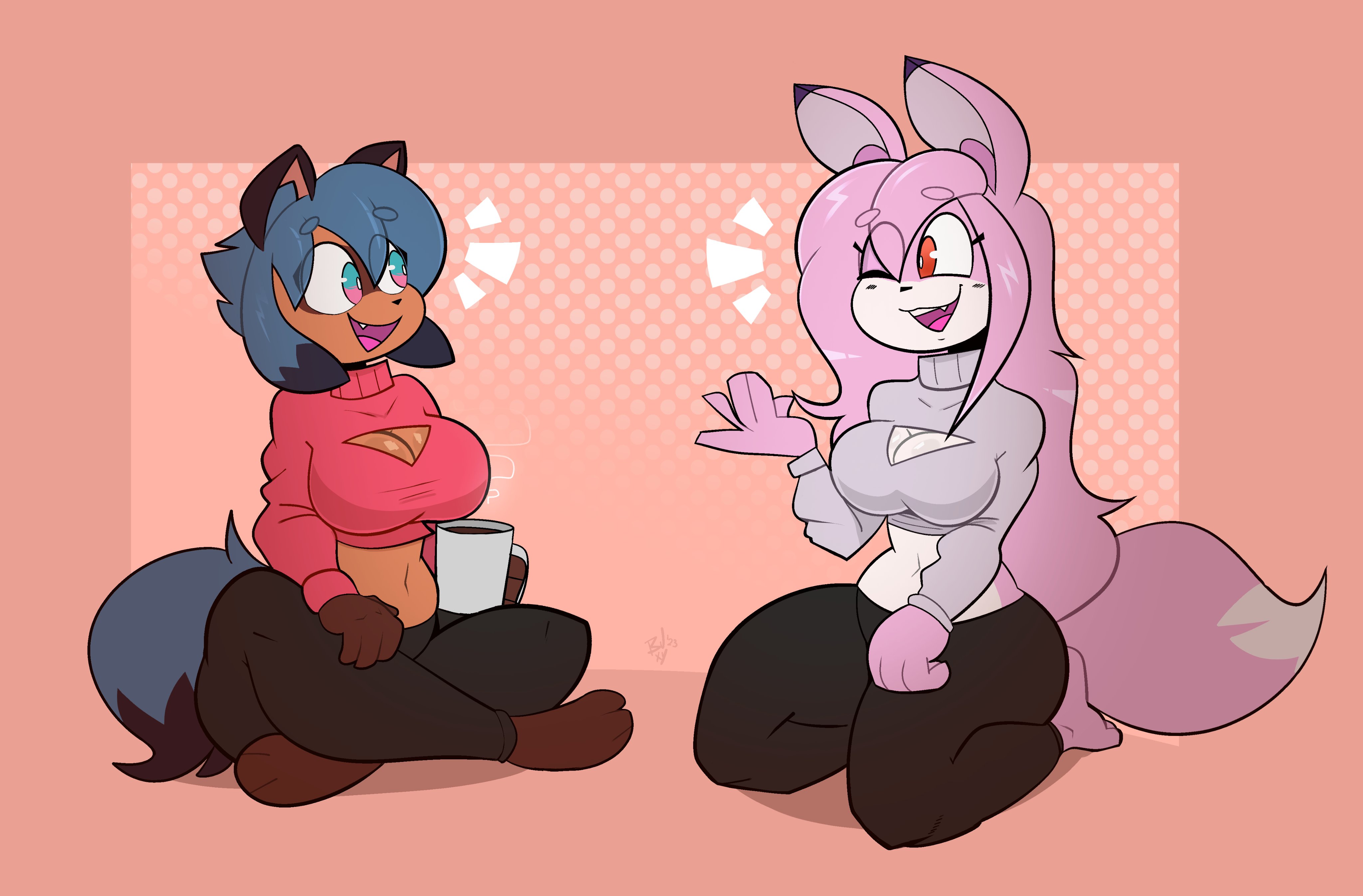 2girls, alternate breast size, big breasts, brand new animal, breasts, buxy xyz, expansion sequence, female, female only, growth sequence, michiru kagemori, multiple females, multiple girls, nazuna hiwatashi, open mouth, thick thighs, wide hips