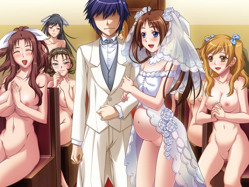 1boy 7girls belly blush bottomless bow_tie bowtie breasts bride censored erect_nipples faceless_male groom happy large_breasts mosaic_censoring navel nipples nude open_clothes open_mouth open_shirt oppai pale pew pregnant shirt smile suit vagina wedding wedding_dress white_suit