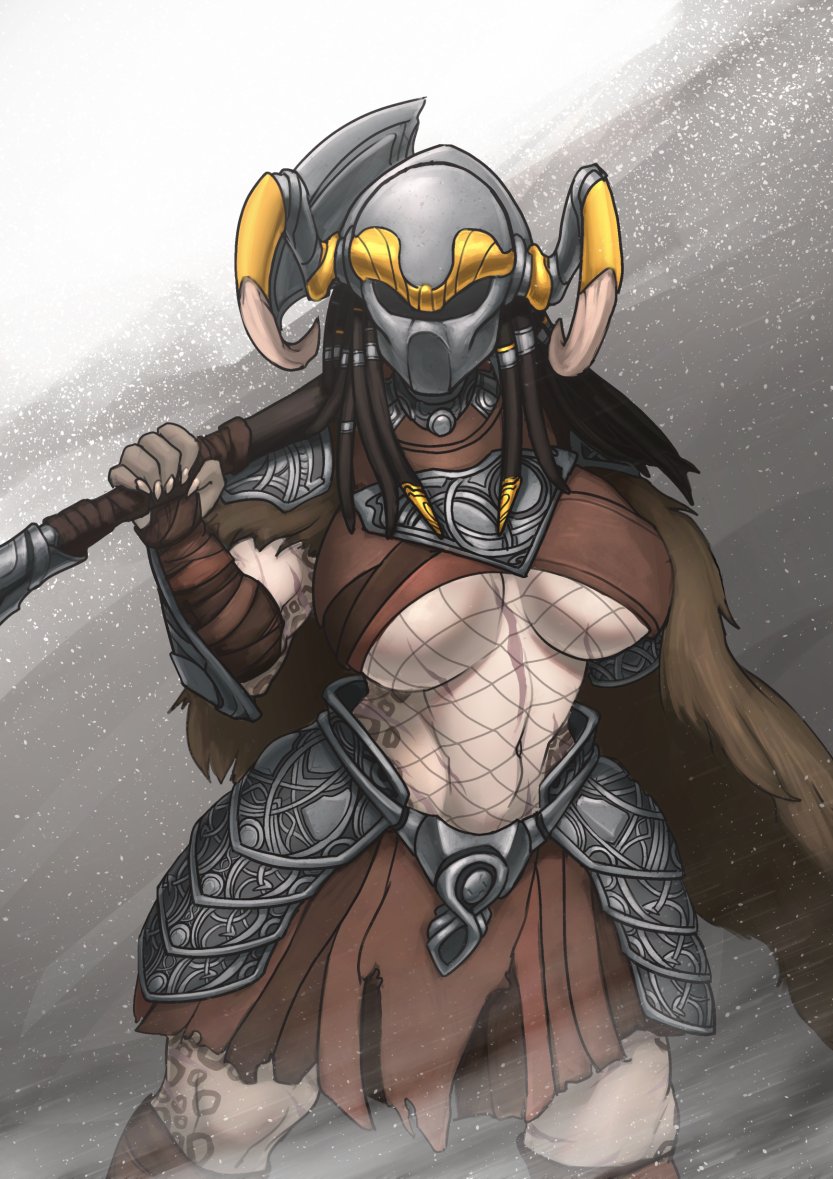 1girls, 2d, alien, alien girl, armor, breasts, clothing, female, female only, female yautja, fishnets, helmet, holding weapon, large breasts, mask, muscular, muscular female, predator (franchise), predator mask, skirt, solo, solo female, thechurroman, thighs, tummy, underboob, yautja