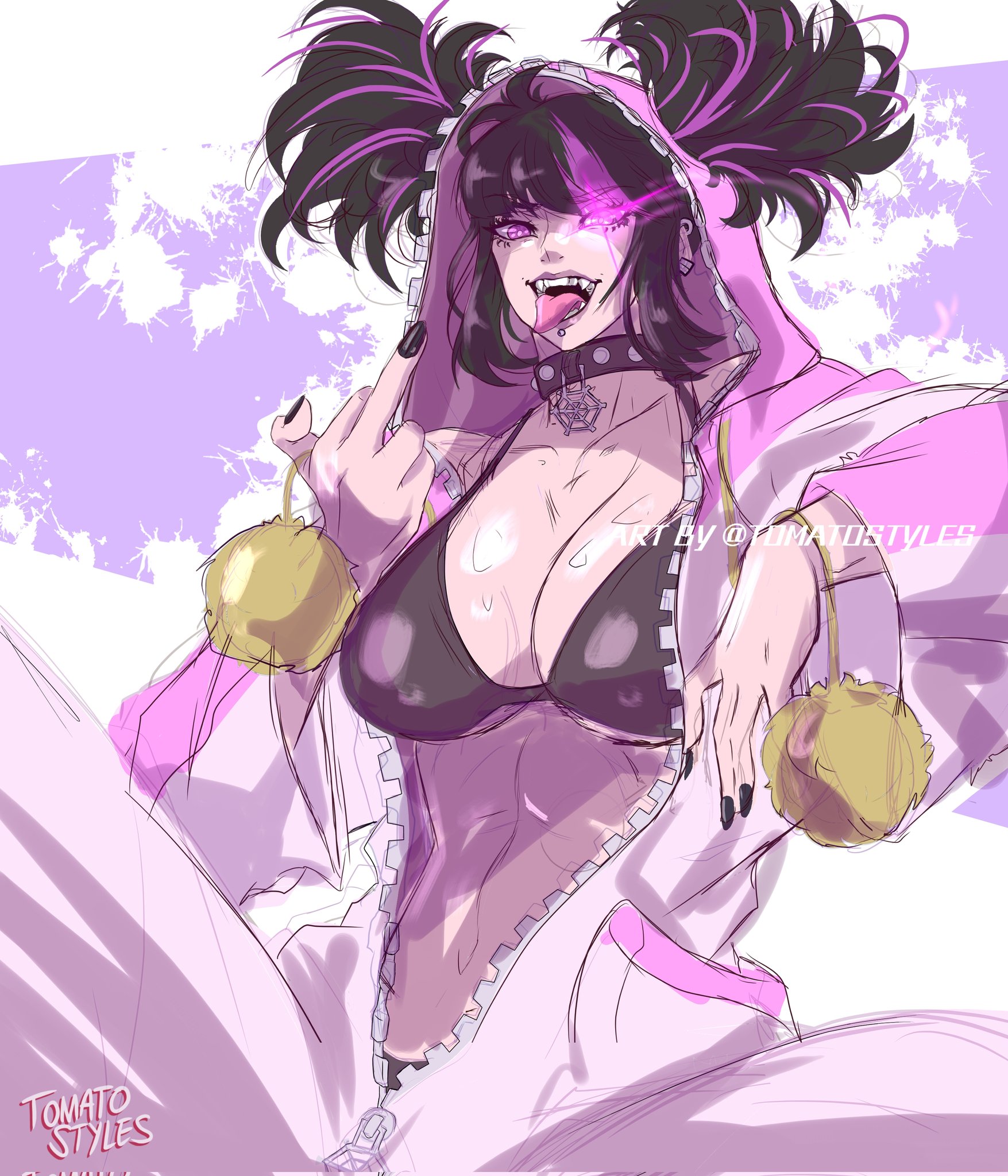 1girls, asian, asian female, belly, big penis, black hair, black nails, bra, breasts, busty, capcom, choker, collar, curves, curvy, dark hair, female, female only, huge breasts, juri han, korean, korean female, large breasts, lens flare, light skin, light-skinned female, male, middle finger, onesie, painted nails, pajamas, penis, piercing, piercings, pink eyes, pink hair, pink hair streak, punk, punk girl, punk hair, sharp teeth, solo, street fighter, street fighter 6, sweat, sweating, sweaty, tomatostyles, tongue, tongue out, tummy, underwear, unzipped, unzipped bodysuit