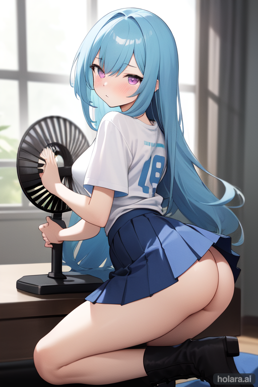 ai_generated ass ass_focus black_socks boots breasts cyan_hair friday_night_funkin long_hair magenta_eye magenta_eyes original_sky_(friday_night_funkin) skirt sky_(friday_night_funkin) t-shirt without_panties