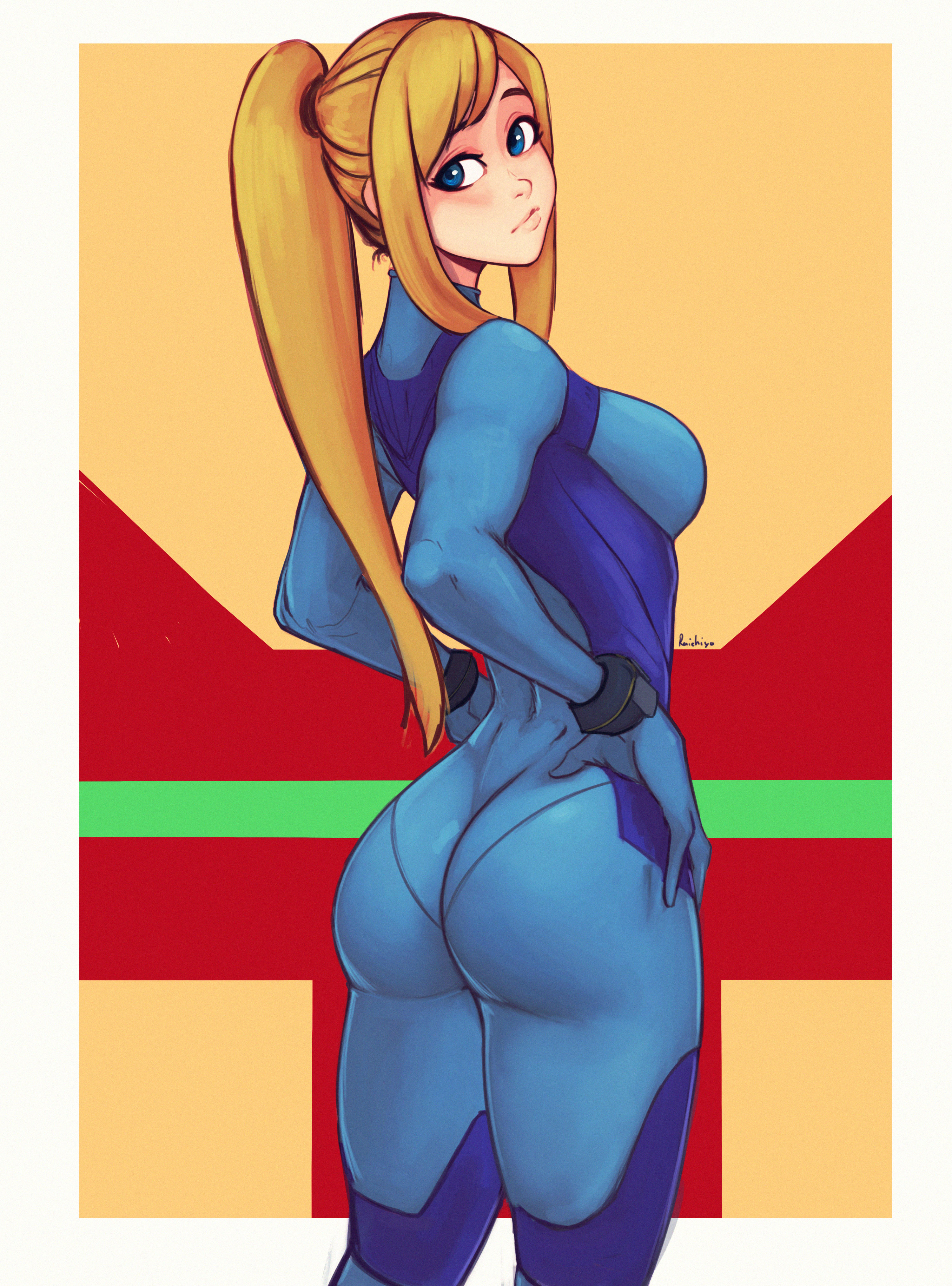 1girls, ass, ass focus, blonde hair, blue eyes, bodysuit, breasts, female, female only, long hair, looking back, medium breasts, metroid, nintendo, ponytail, raichiyo33, samus aran, solo, tight clothing, zero suit, zero suit samus