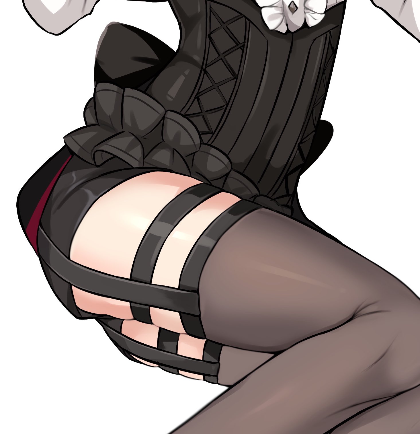 1boy, akn 646, close-up, clothing, corset, femboy, garter straps, genshin impact, lower body, lyney (genshin impact), male, male only, shorts, thick thighs, thighhighs, thighs, twink