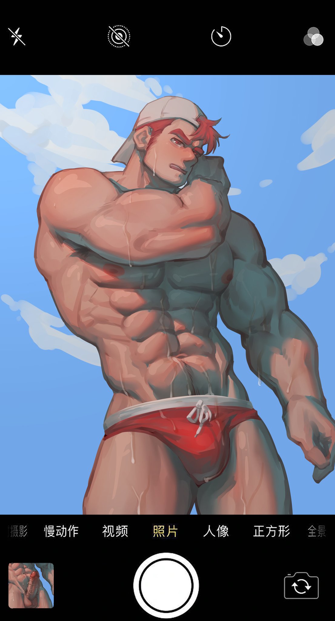 1boy abs bara blue_sky chinese_text cloud cowboy_shot facing_away fake_phone_screenshot fake_screenshot highres ios_(os) jiyeyongsheng large_pectorals male_focus muscular muscular_male nipples original pectorals penis red_eyes red_hair sky solo sweat teeth translation_request user_interface white_headwear