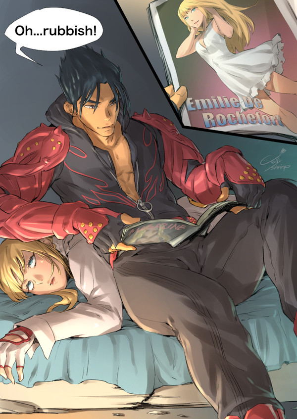 bed_break blonde_female blonde_hair blue_eyes breaking_bed broken_bed defeated defeated_heroine emilie_de_rochefort female femsub gloves jelly_shrimp jin_kazama kazama_jin light-skinned_female light_skin lying_on_stomach male maledom restrained tagme tekken