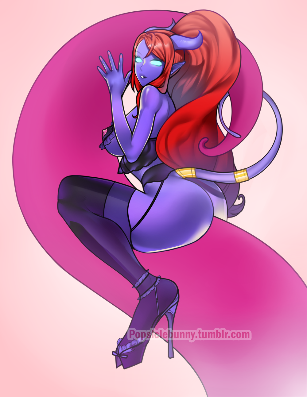 1girls anios big_ass big_breasts blizzard_entertainment blue_skin draenei lingerie original_character popsiclebunny red_hair shaman_(warcraft) solo stockings tail warcraft world_of_warcraft