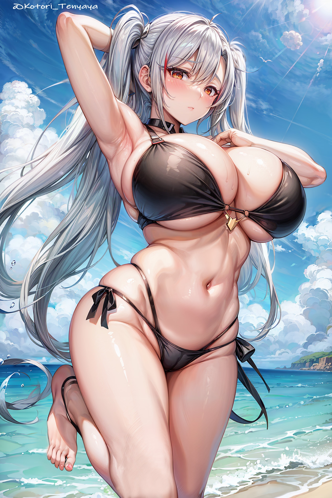 1girls, ai generated, azur lane, beach, bikini, black bikini, breasts, female, large breasts, light skin, light-skinned female, long hair, outdoors, prinz eugen (azur lane), red eyes, stable diffusion, twintails