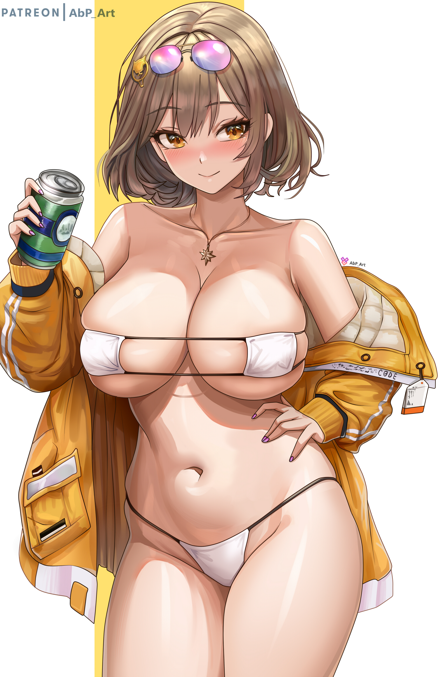 1girls, abp art, anis (nikke), anis (sparkling summer) (nikke), bikini, breasts, brown eyes, brown hair, cleavage, eyepatch bikini, female, goddess of victory: nikke, horny, huge breasts, light skin, light-skinned female, short hair, smile, solo, thick thighs, white bikini